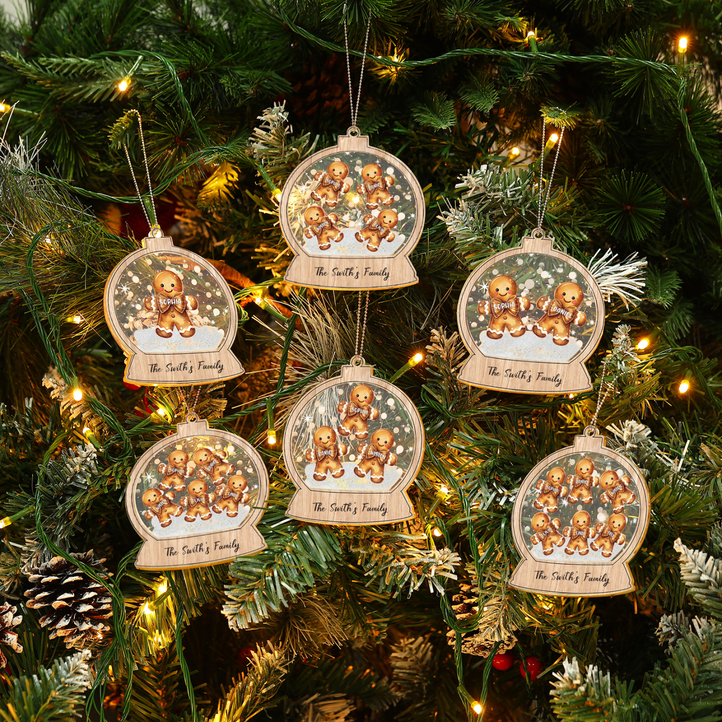 Acryl Personalisierte 4 Namen & Text Lebkuchenmann Rund Weihnachtsornament Weihnachtsbaum Anhänger