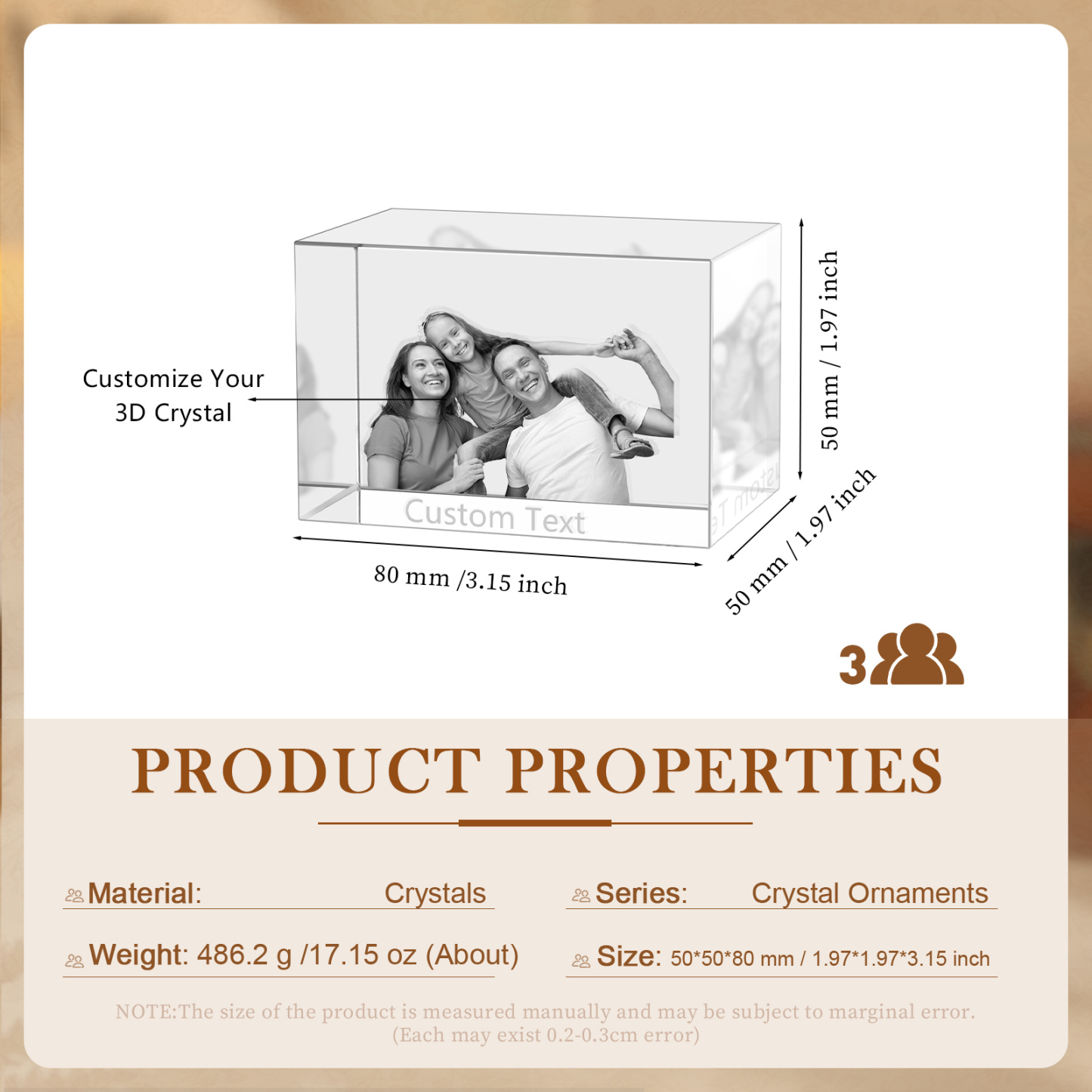 Personalisiertes Dreifachporträt & Text 3D-Foto-Acrylkristall Ornament im querformatigen geraden Design – Perfektes Geschenk für Familie & Freunde