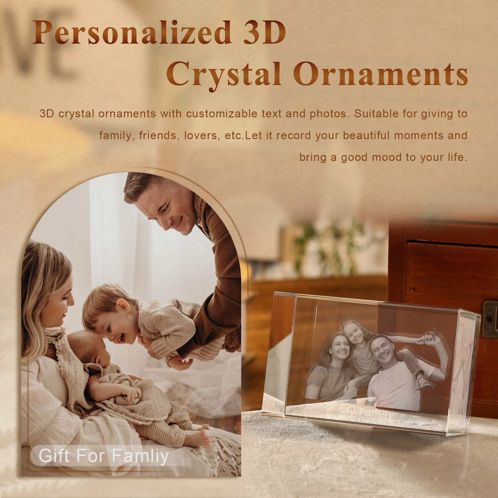 Personalisiertes Dreifachporträt & Text 3D-Foto-Acrylkristall Ornament im querformatigen geraden Design – Perfektes Geschenk für Familie & Freunde