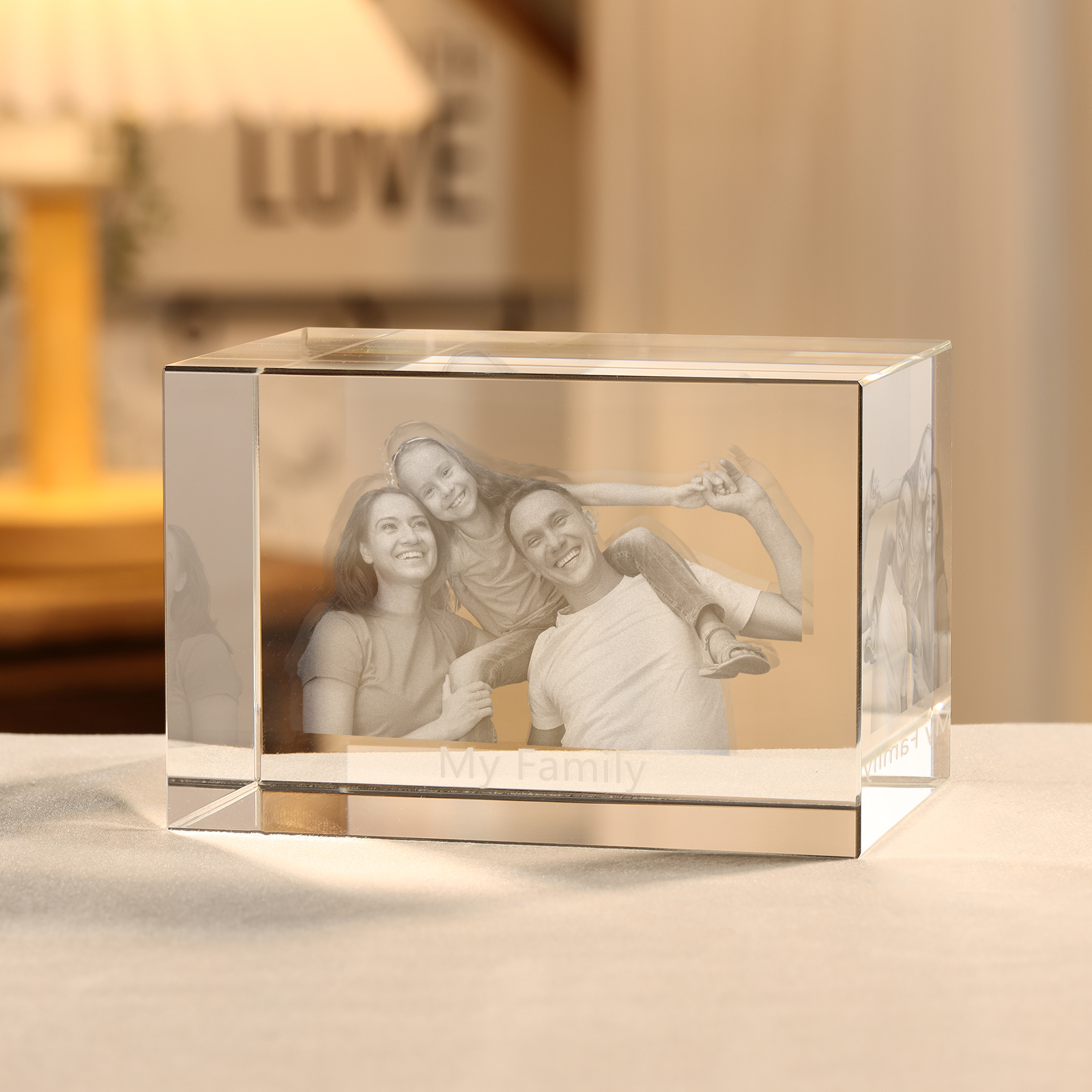 Personalisiertes Dreifachporträt & Text 3D-Foto-Acrylkristall Ornament im querformatigen geraden Design – Perfektes Geschenk für Familie & Freunde
