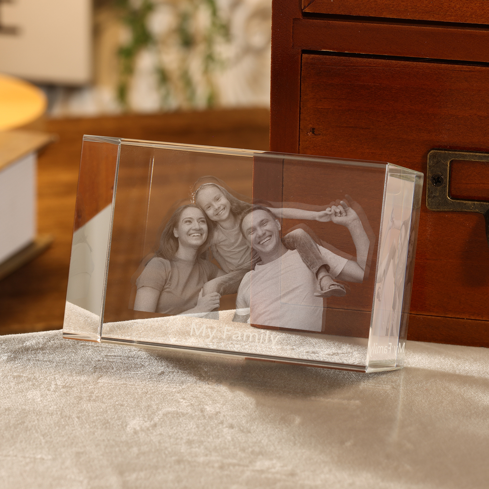 Personalisiertes Dreifachporträt & Text 3D-Foto-Acrylkristall Ornament im querformatigen geraden Design – Perfektes Geschenk für Familie & Freunde