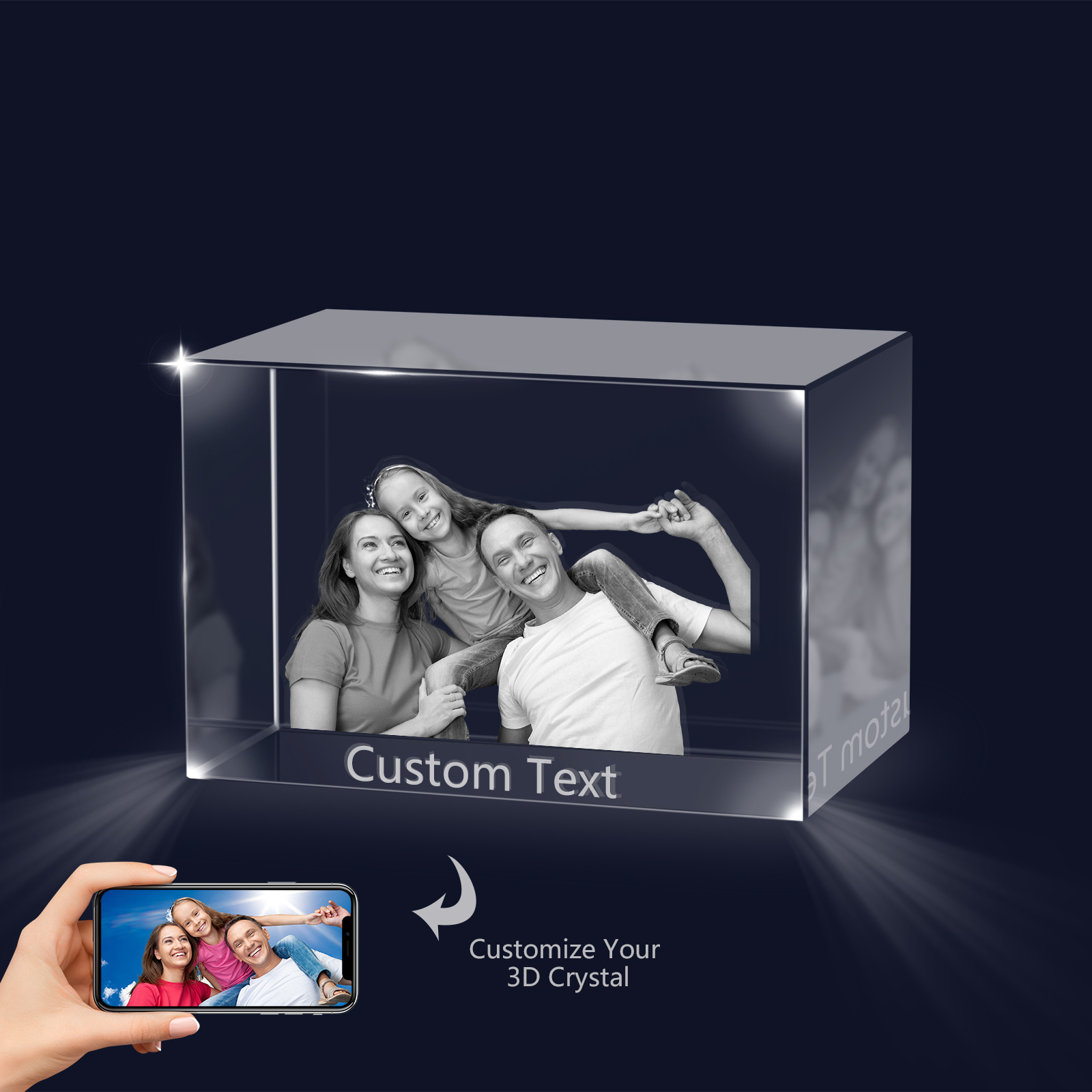 Personalisiertes Dreifachporträt & Text 3D-Foto-Acrylkristall Ornament im querformatigen geraden Design – Perfektes Geschenk für Familie & Freunde
