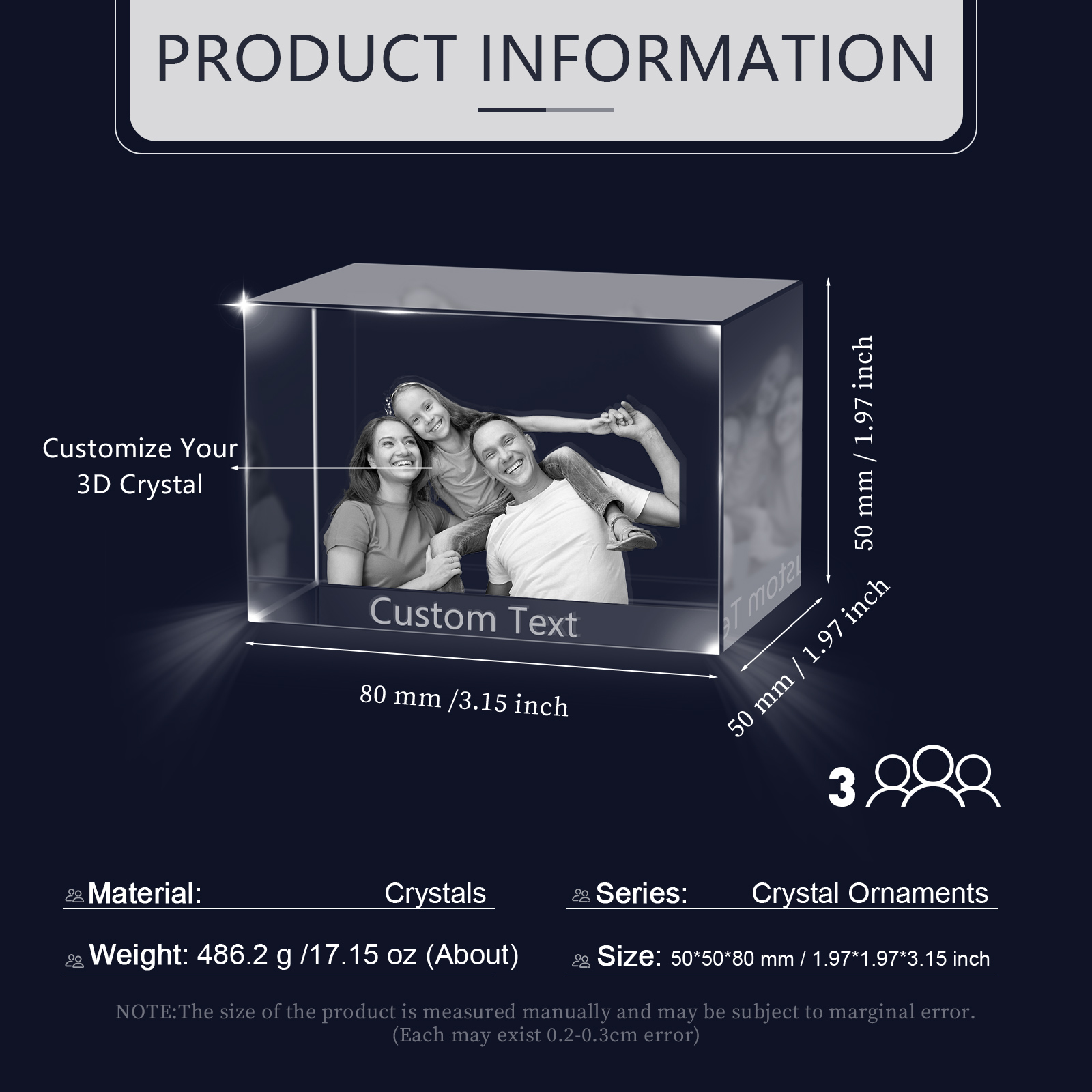 Personalisiertes Dreifachporträt & Text 3D-Foto-Acrylkristall Ornament im querformatigen geraden Design – Perfektes Geschenk für Familie & Freunde