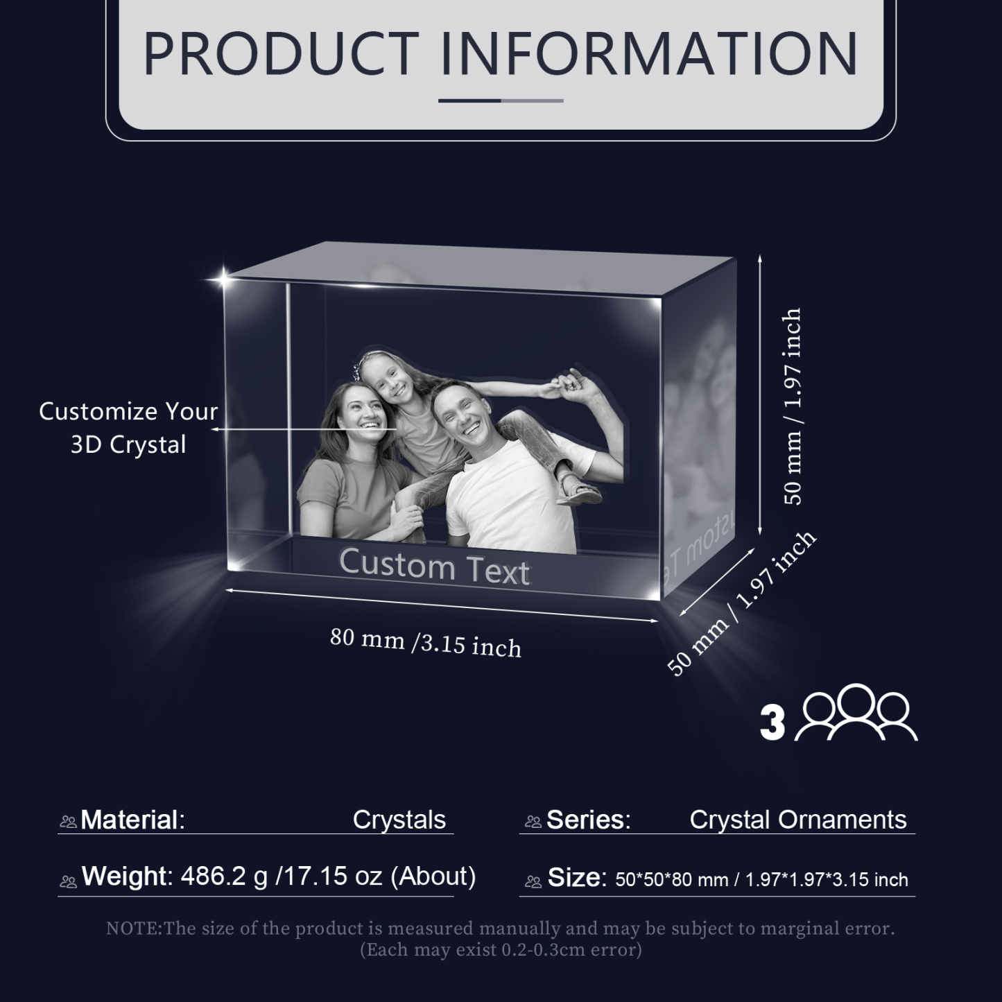 Personalisiertes Dreifachporträt & Text 3D-Foto-Acrylkristall Ornament im querformatigen geraden Design – Perfektes Geschenk für Familie & Freunde