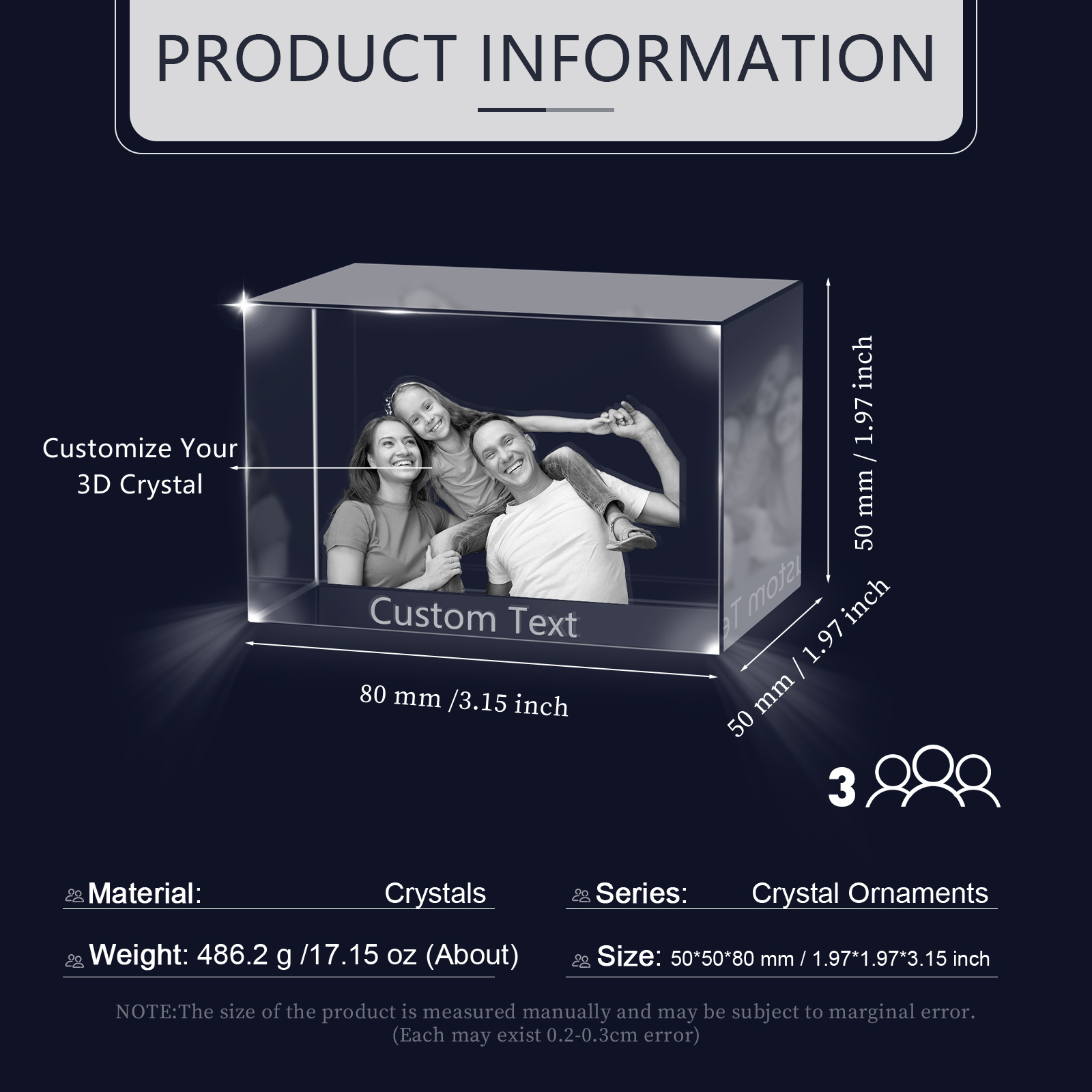 Personalisiertes Dreifachporträt & Text 3D-Foto-Acrylkristall Ornament im querformatigen geraden Design – Perfektes Geschenk für Familie & Freunde