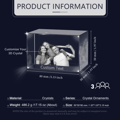 Personalisiertes Dreifachporträt & Text 3D-Foto-Acrylkristall Ornament im querformatigen geraden Design – Perfektes Geschenk für Familie & Freunde