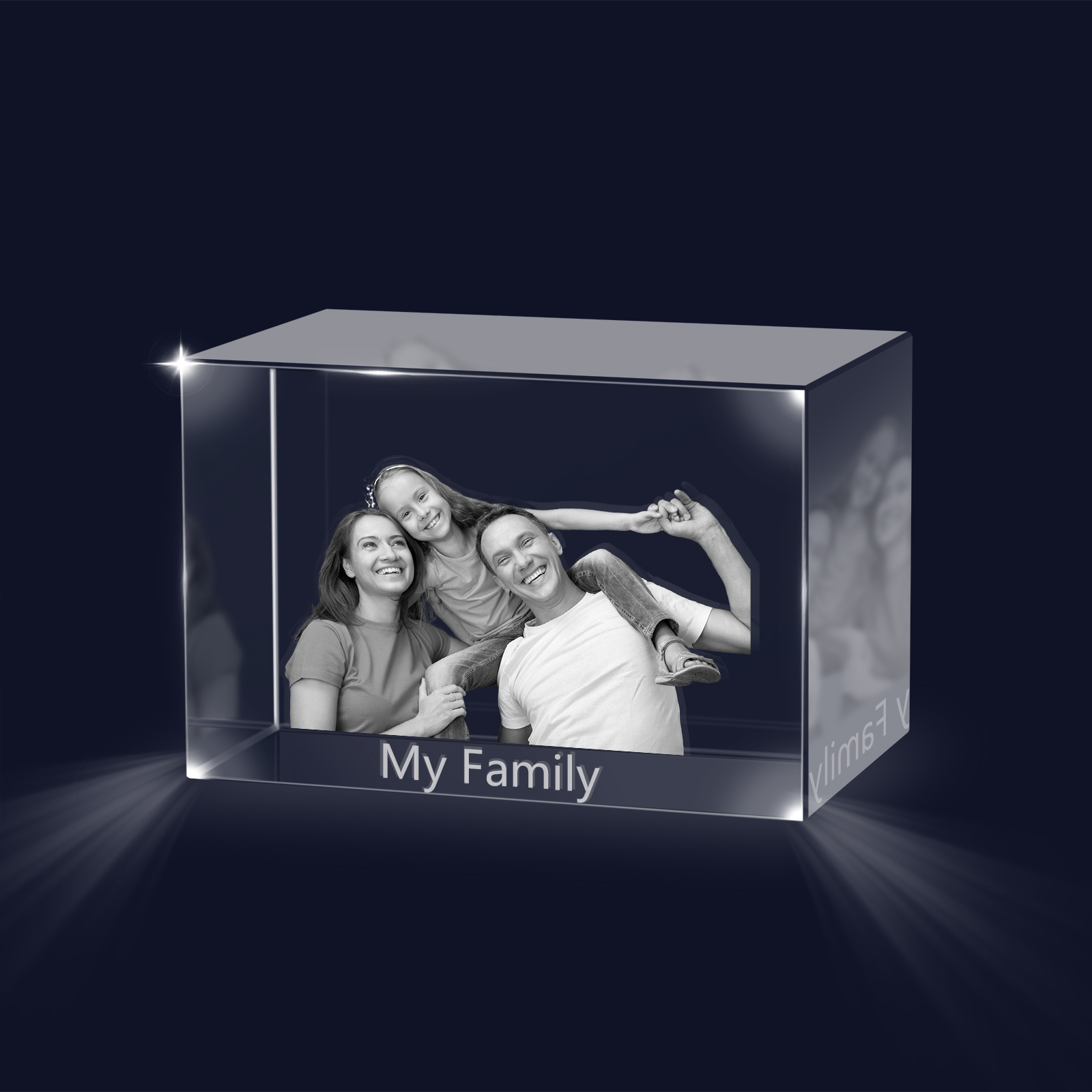 Personalisiertes Dreifachporträt & Text 3D-Foto-Acrylkristall Ornament im querformatigen geraden Design – Perfektes Geschenk für Familie & Freunde