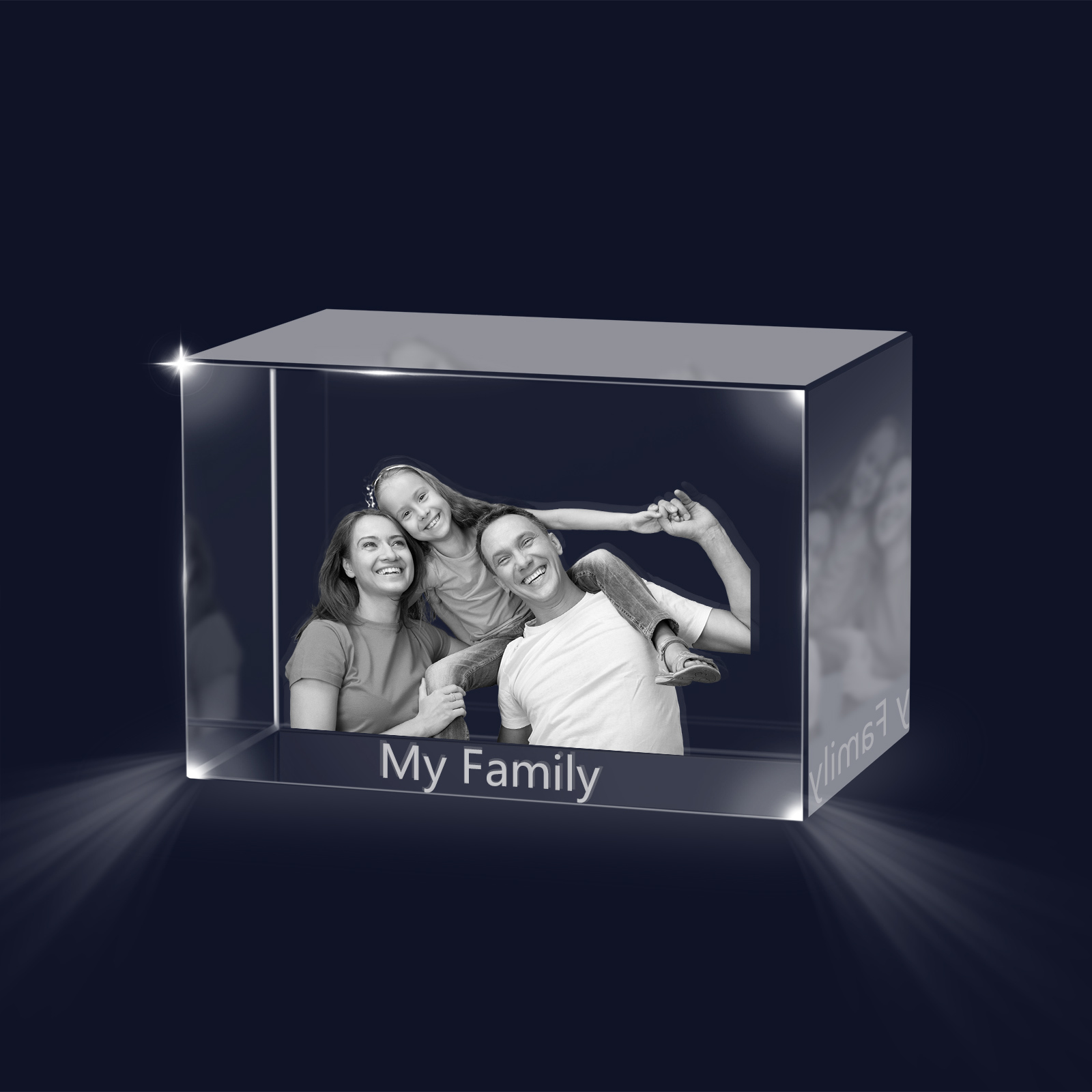 Personalisiertes Dreifachporträt & Text 3D-Foto-Acrylkristall Ornament im querformatigen geraden Design – Perfektes Geschenk für Familie & Freunde
