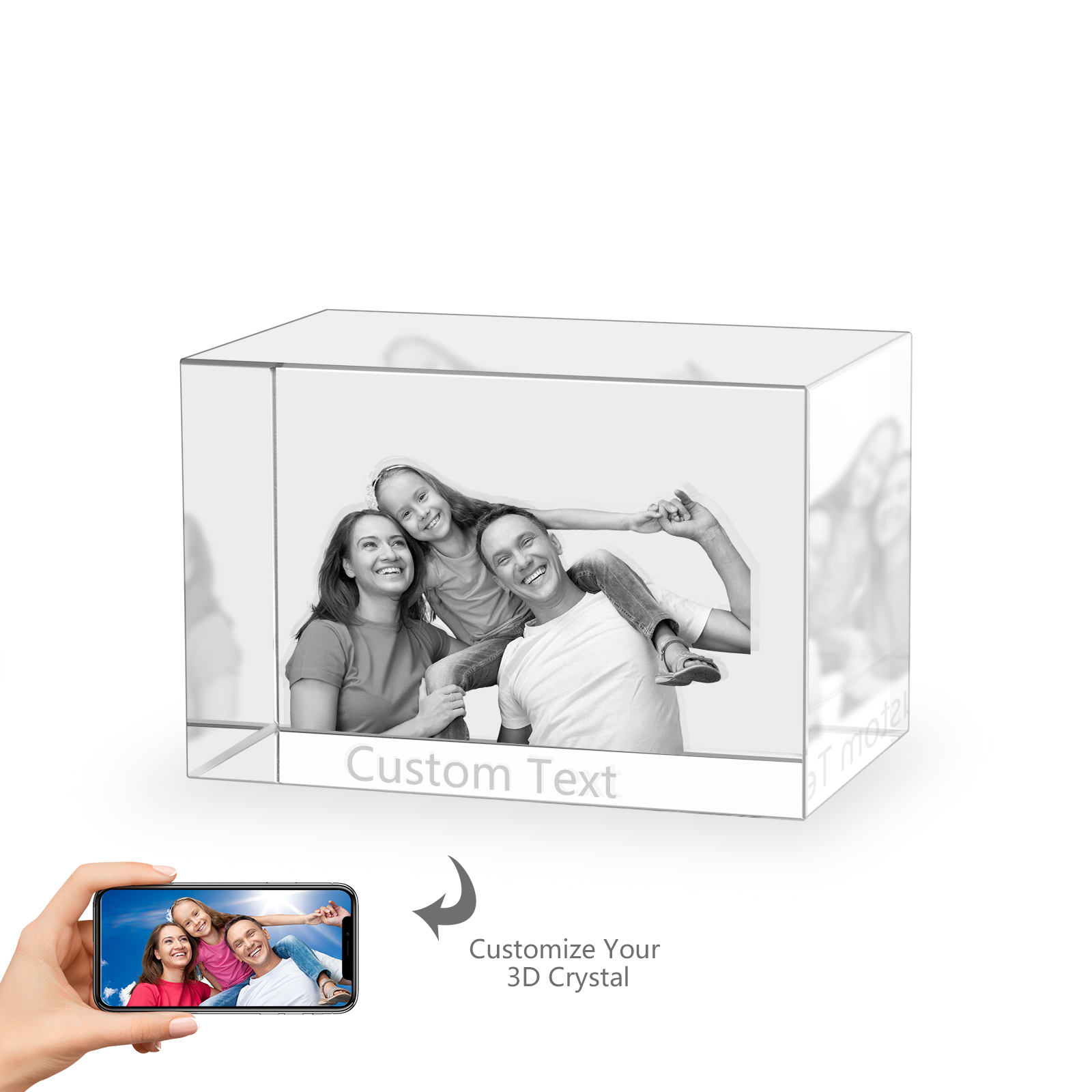 Personalisiertes Dreifachporträt & Text 3D-Foto-Acrylkristall Ornament im querformatigen geraden Design – Perfektes Geschenk für Familie & Freunde