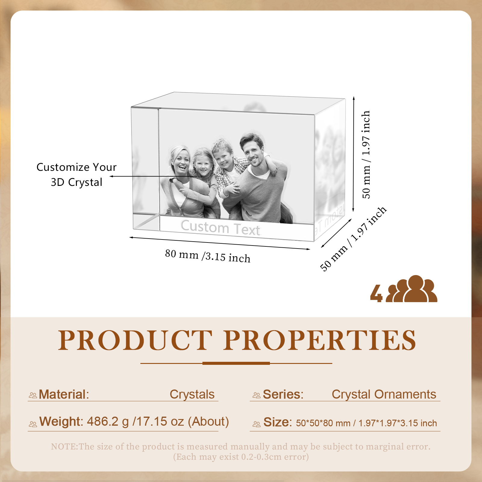 Personalisiertes Vierfachporträt & Text 3D-Foto-Acrylkristall Ornament im querformatigen geraden Design – Perfektes Geschenk für Familie & Freunde