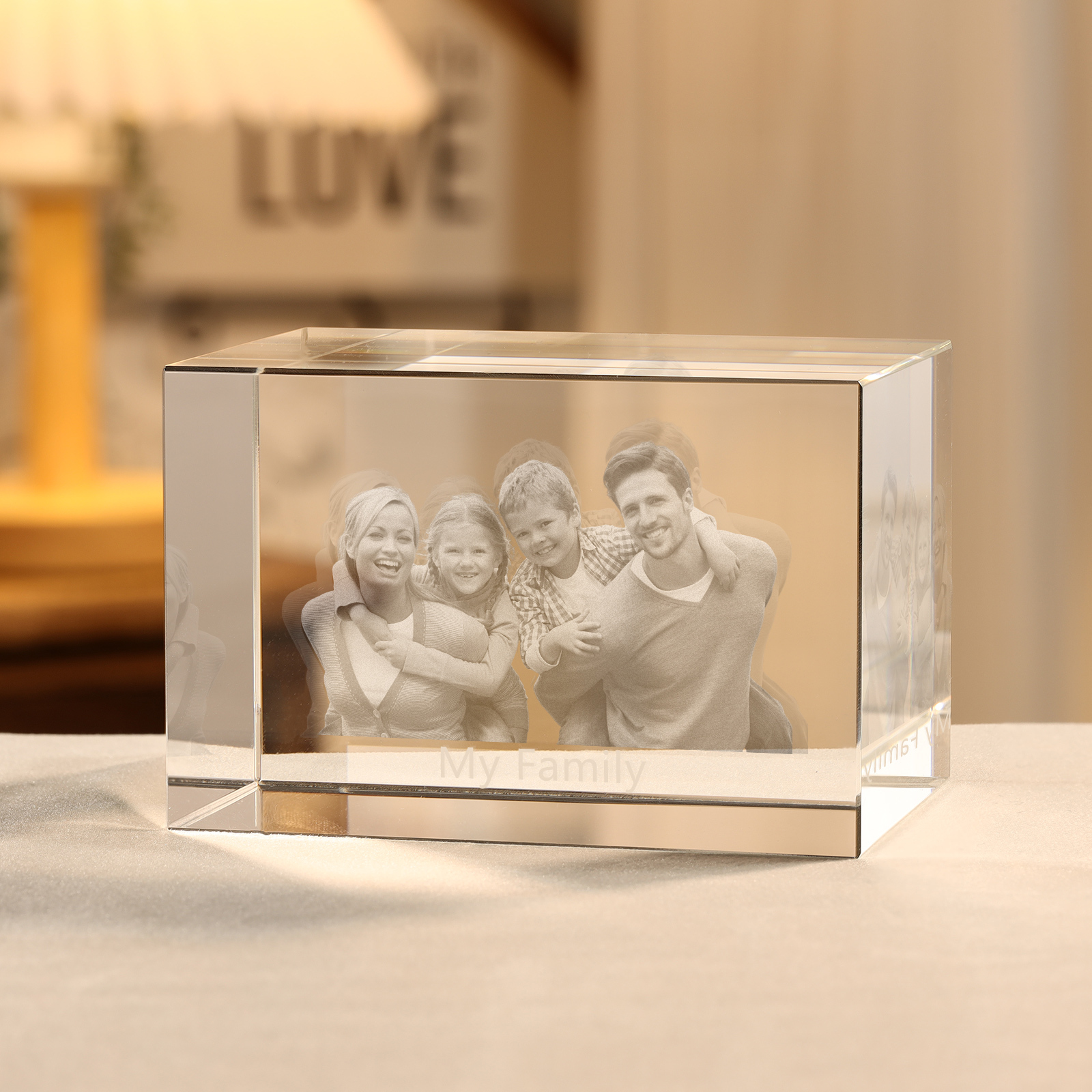Personalisiertes Vierfachporträt & Text 3D-Foto-Acrylkristall Ornament im querformatigen geraden Design – Perfektes Geschenk für Familie & Freunde