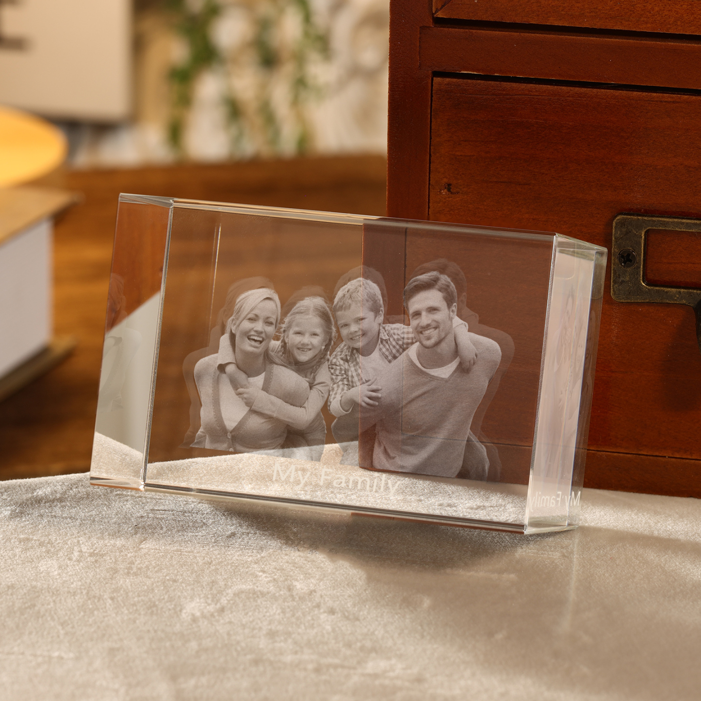 Personalisiertes Vierfachporträt & Text 3D-Foto-Acrylkristall Ornament im querformatigen geraden Design – Perfektes Geschenk für Familie & Freunde