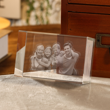 Personalisiertes Vierfachporträt & Text 3D-Foto-Acrylkristall Ornament im querformatigen geraden Design – Perfektes Geschenk für Familie & Freunde