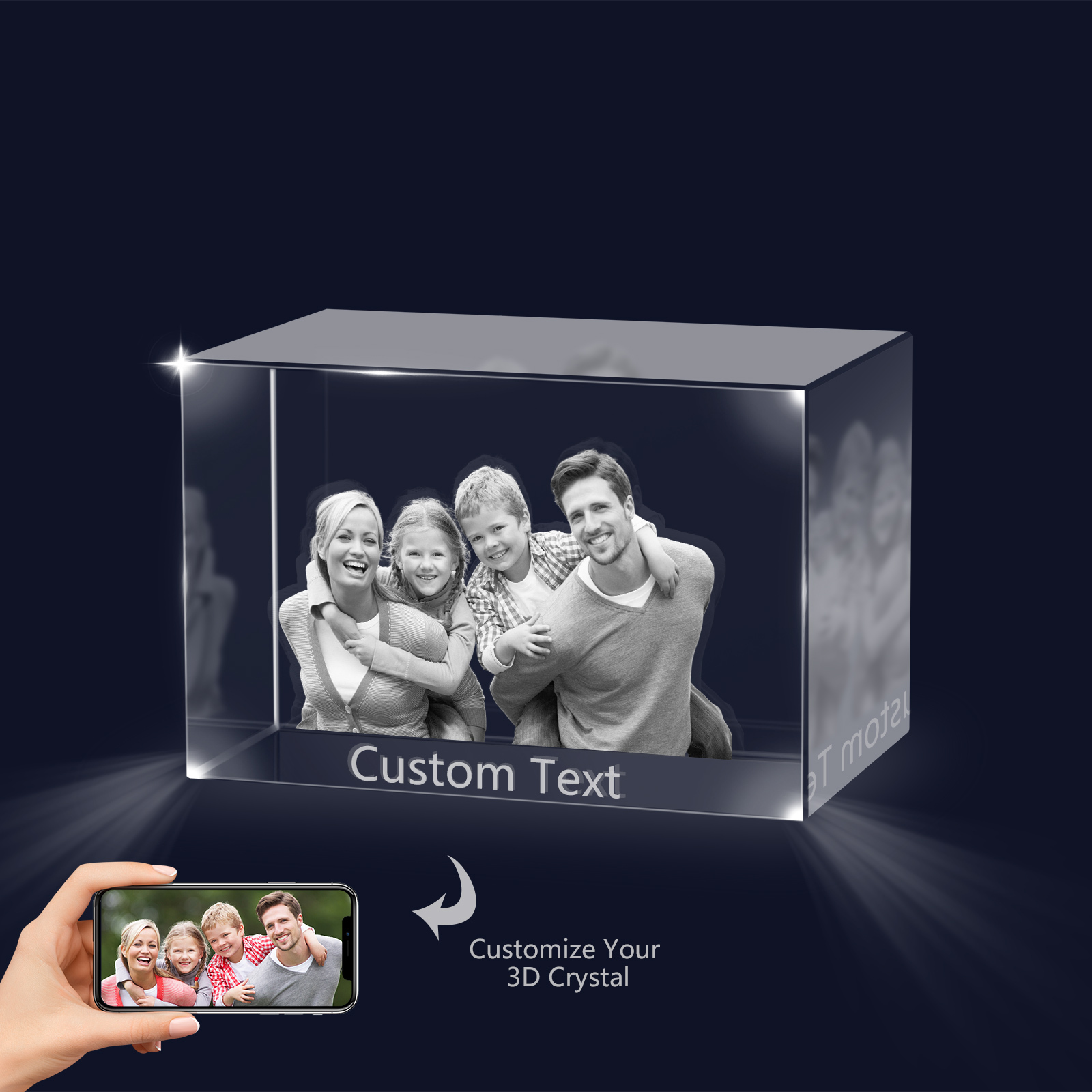 Personalisiertes Vierfachporträt & Text 3D-Foto-Acrylkristall Ornament im querformatigen geraden Design – Perfektes Geschenk für Familie & Freunde