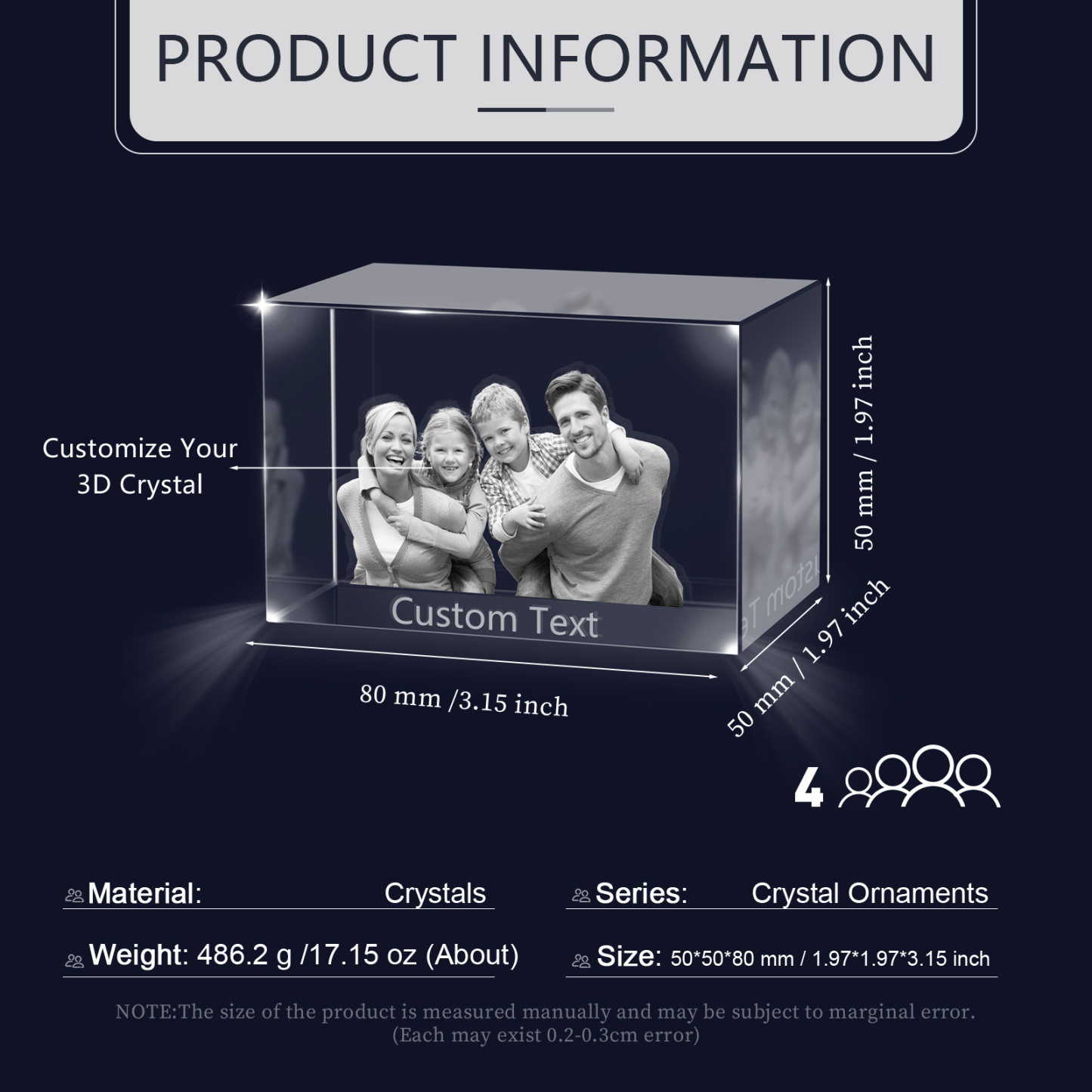 Personalisiertes Vierfachporträt & Text 3D-Foto-Acrylkristall Ornament im querformatigen geraden Design – Perfektes Geschenk für Familie & Freunde