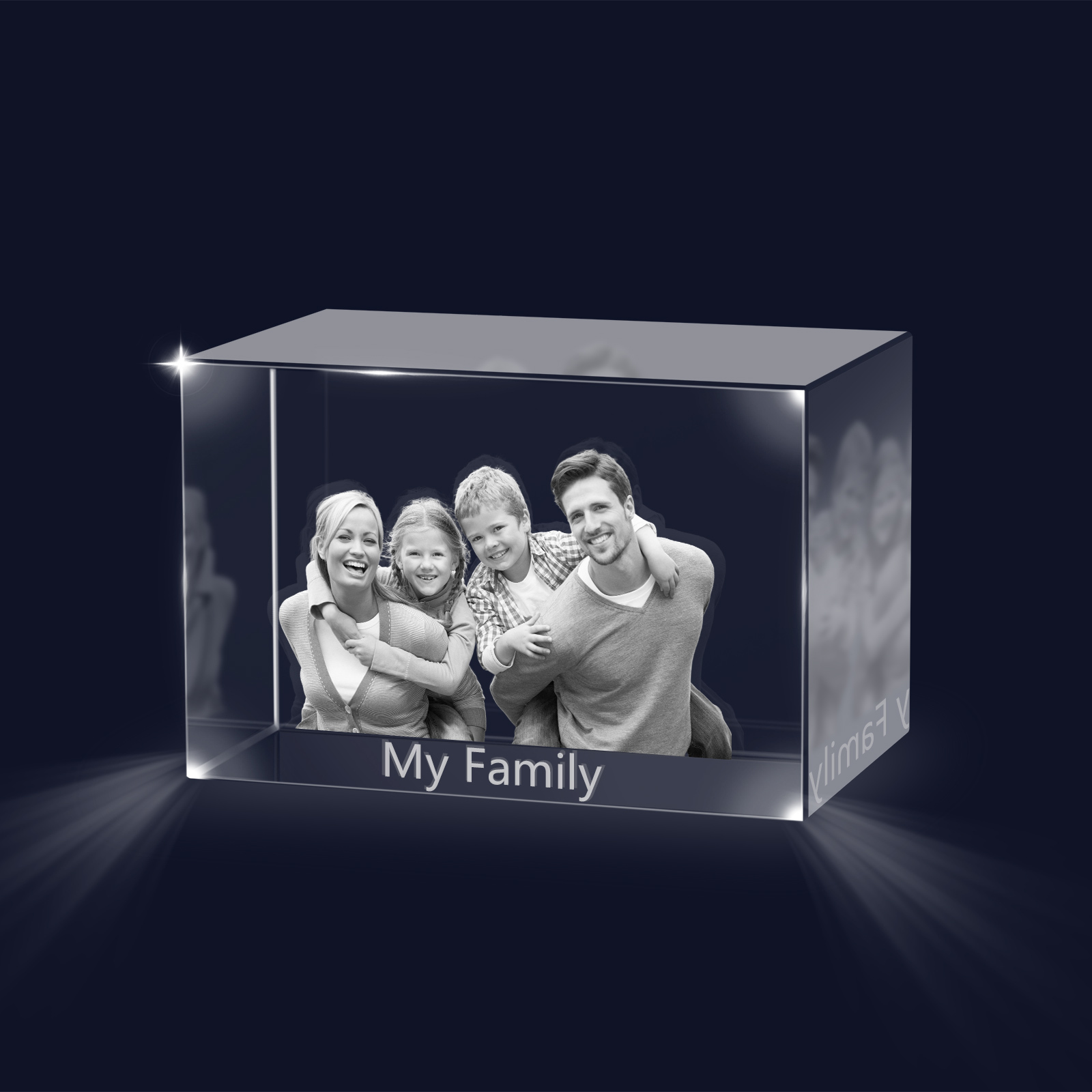 Personalisiertes Vierfachporträt & Text 3D-Foto-Acrylkristall Ornament im querformatigen geraden Design – Perfektes Geschenk für Familie & Freunde