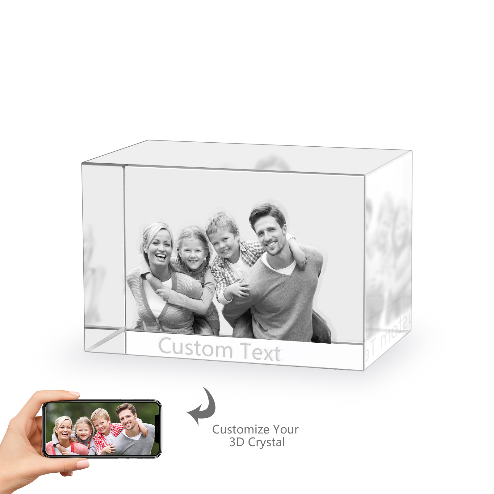 Personalisiertes Vierfachporträt & Text 3D-Foto-Acrylkristall Ornament im querformatigen geraden Design – Perfektes Geschenk für Familie & Freunde