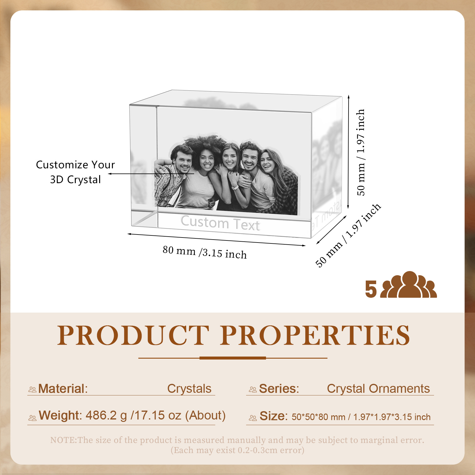 Personalisiertes Fünffachporträt & Text 3D-Foto-Acrylkristall Ornament im querformatigen geraden Design – Perfektes Geschenk für Familie & Freunde