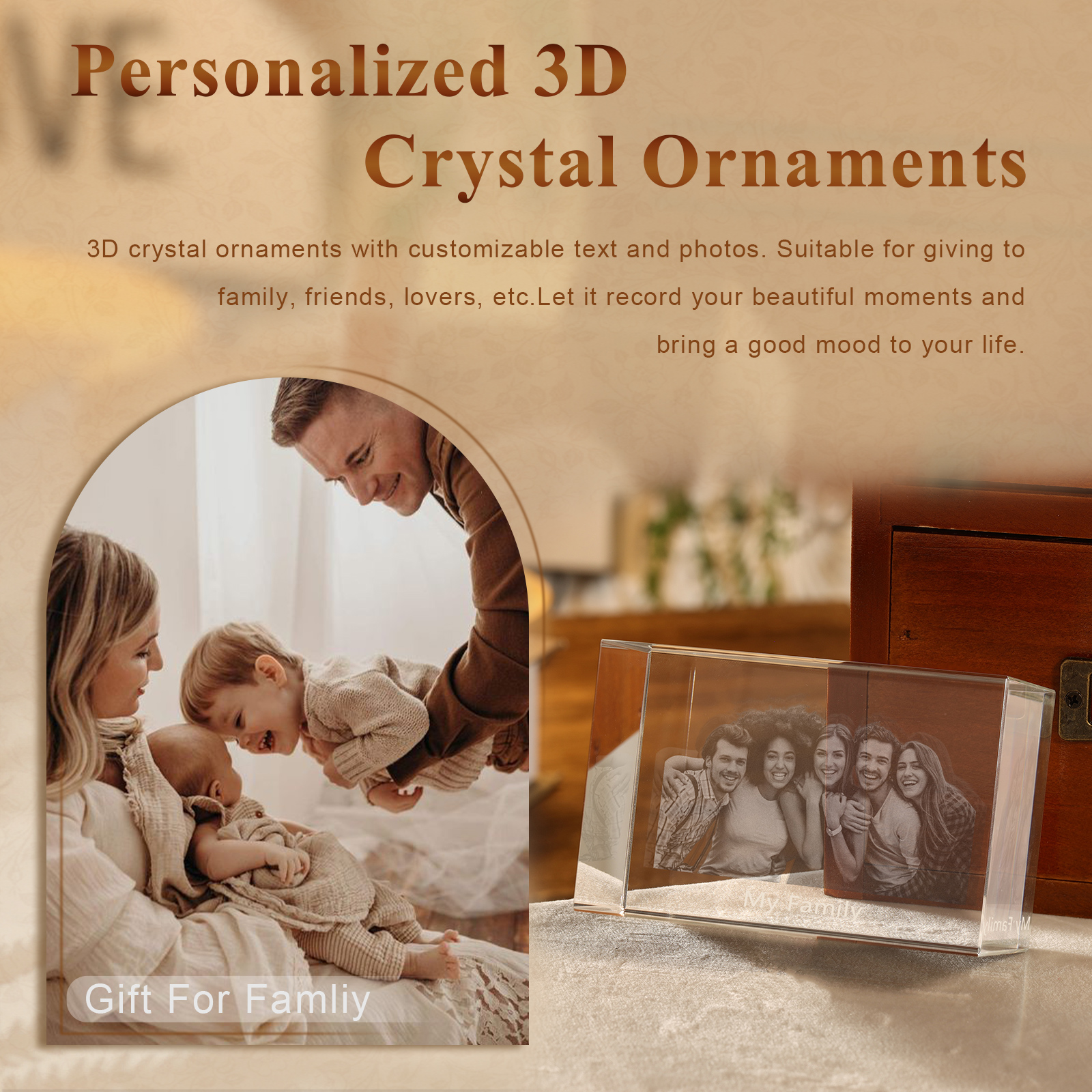 Personalisiertes Fünffachporträt & Text 3D-Foto-Acrylkristall Ornament im querformatigen geraden Design – Perfektes Geschenk für Familie & Freunde