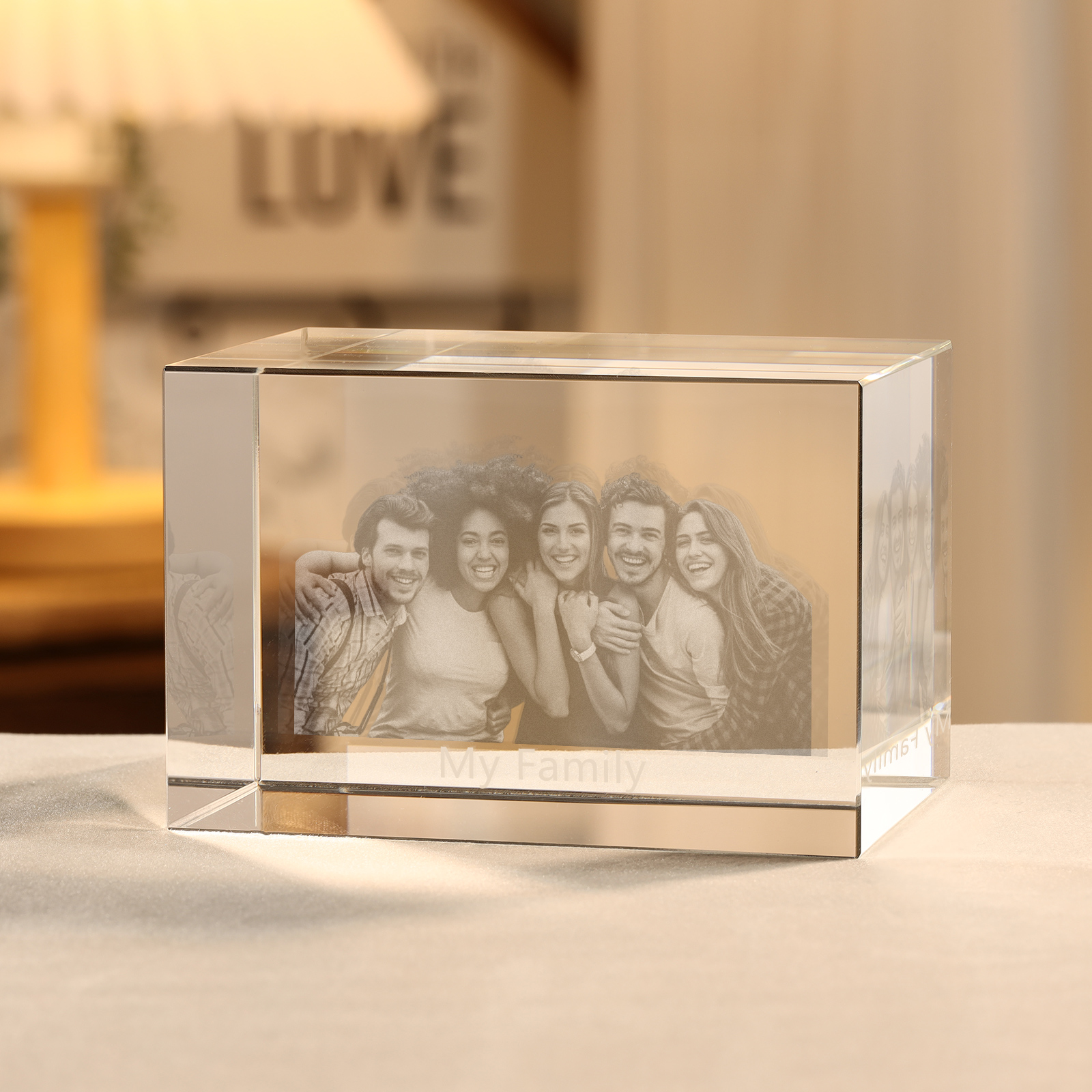 Personalisiertes Fünffachporträt & Text 3D-Foto-Acrylkristall Ornament im querformatigen geraden Design – Perfektes Geschenk für Familie & Freunde