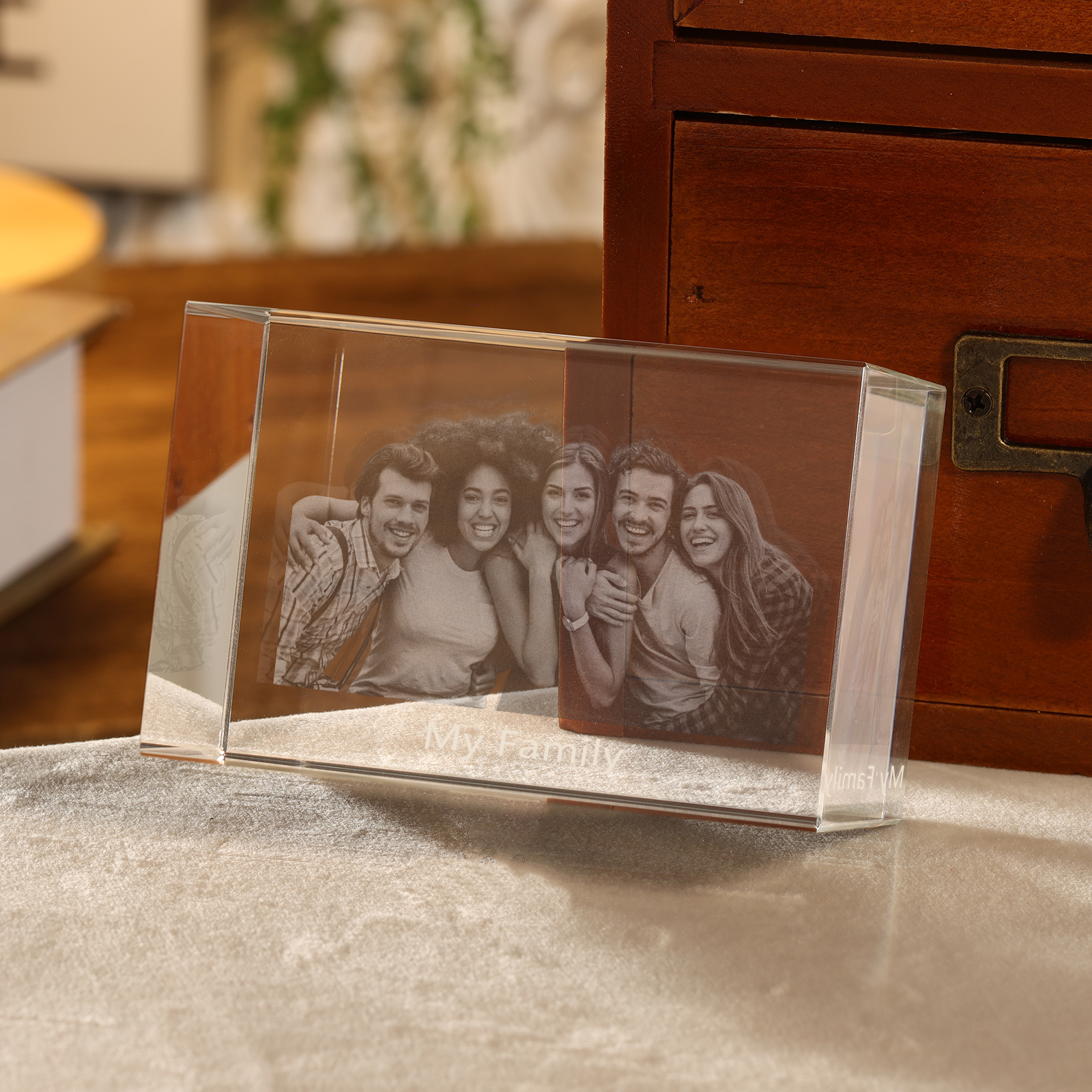 Personalisiertes Fünffachporträt & Text 3D-Foto-Acrylkristall Ornament im querformatigen geraden Design – Perfektes Geschenk für Familie & Freunde