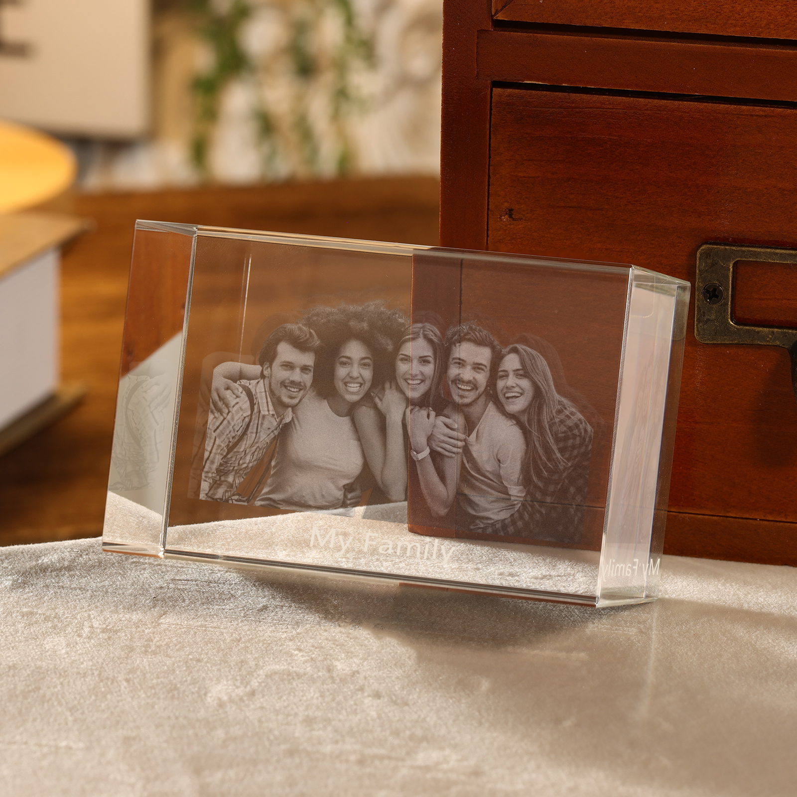 Personalisiertes Fünffachporträt & Text 3D-Foto-Acrylkristall Ornament im querformatigen geraden Design – Perfektes Geschenk für Familie & Freunde