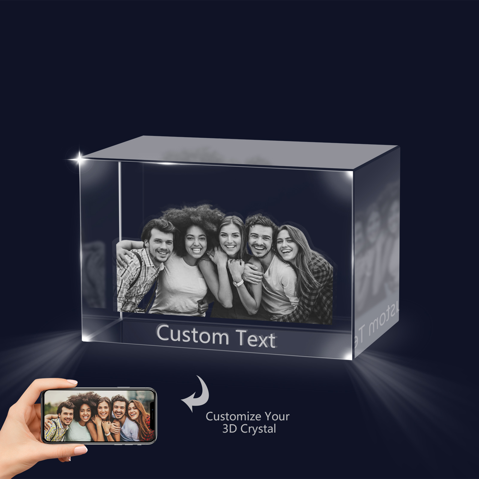 Personalisiertes Fünffachporträt & Text 3D-Foto-Acrylkristall Ornament im querformatigen geraden Design – Perfektes Geschenk für Familie & Freunde