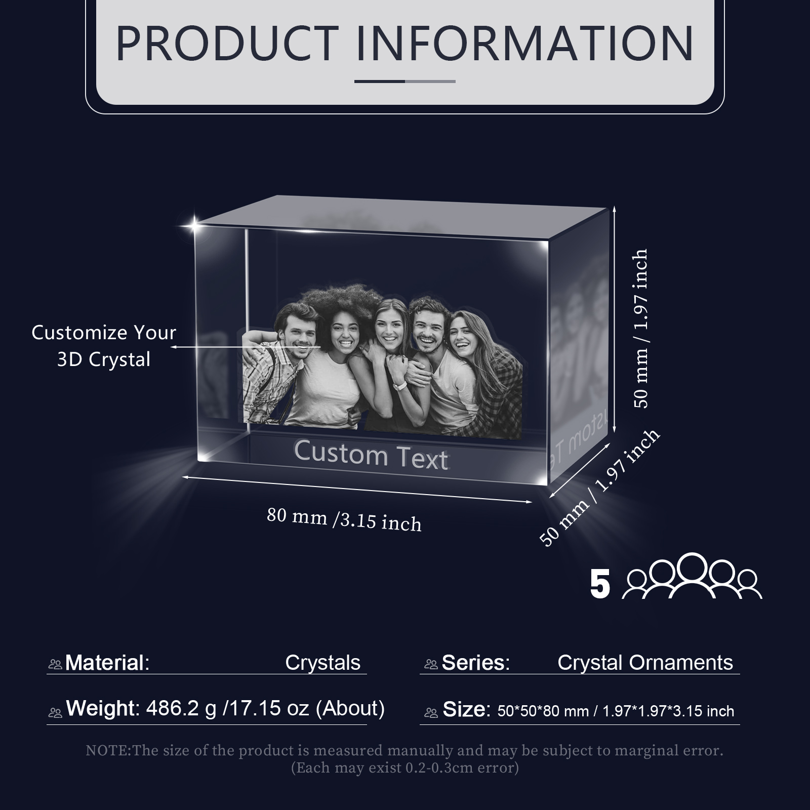 Personalisiertes Fünffachporträt & Text 3D-Foto-Acrylkristall Ornament im querformatigen geraden Design – Perfektes Geschenk für Familie & Freunde