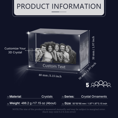 Personalisiertes Fünffachporträt & Text 3D-Foto-Acrylkristall Ornament im querformatigen geraden Design – Perfektes Geschenk für Familie & Freunde
