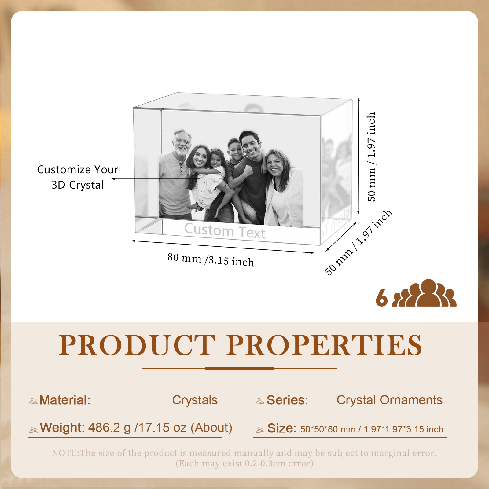 Personalisiertes Sechsfachporträt & Text 3D-Foto-Acrylkristall Ornament im querformatigen geraden Design – Perfektes Geschenk für Familie & Freunde