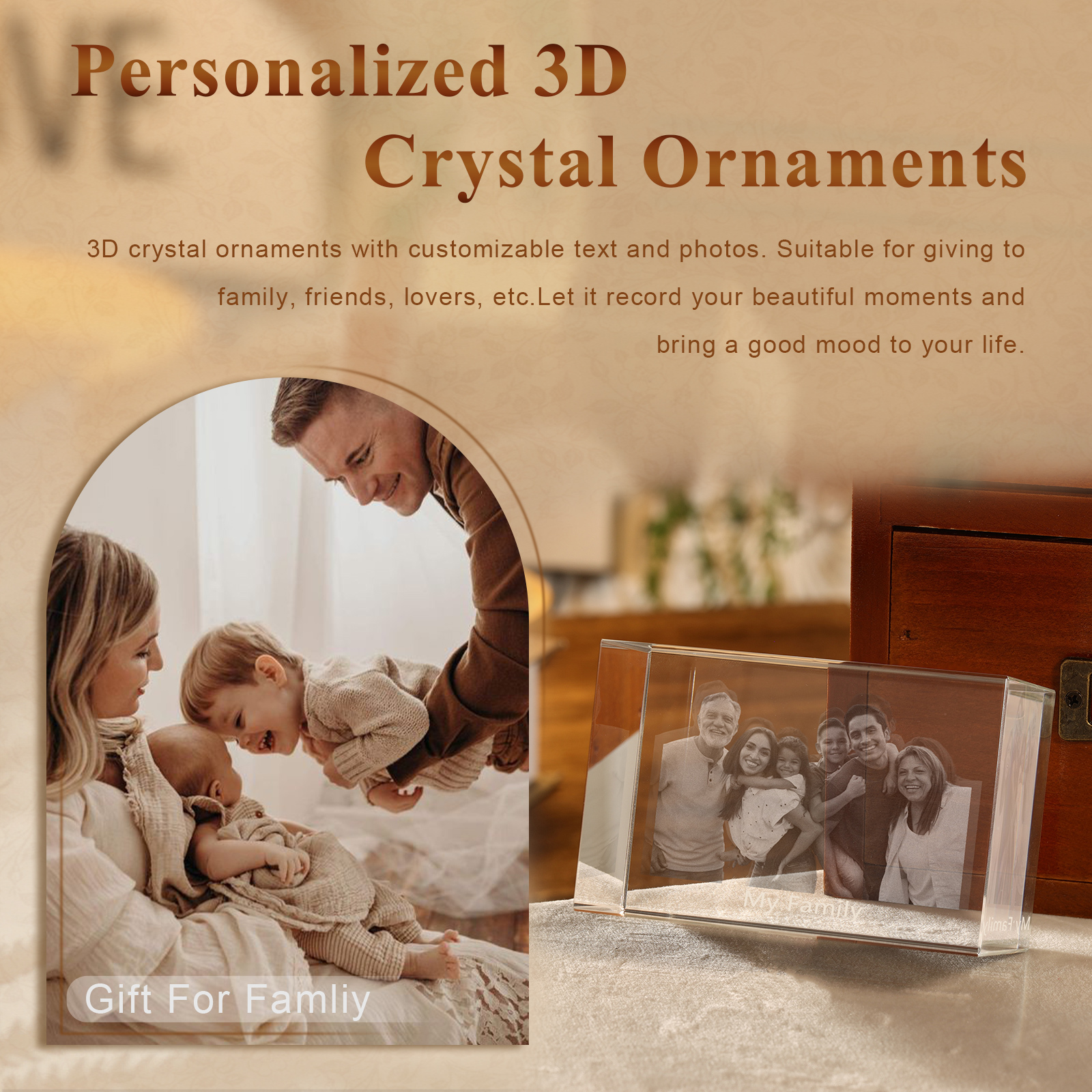 Personalisiertes Sechsfachporträt & Text 3D-Foto-Acrylkristall Ornament im querformatigen geraden Design – Perfektes Geschenk für Familie & Freunde