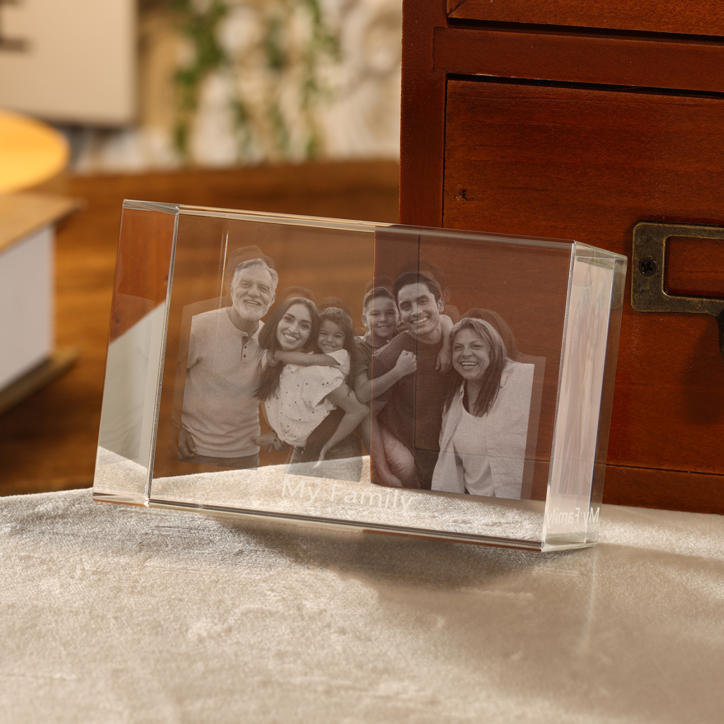 Personalisiertes Sechsfachporträt & Text 3D-Foto-Acrylkristall Ornament im querformatigen geraden Design – Perfektes Geschenk für Familie & Freunde