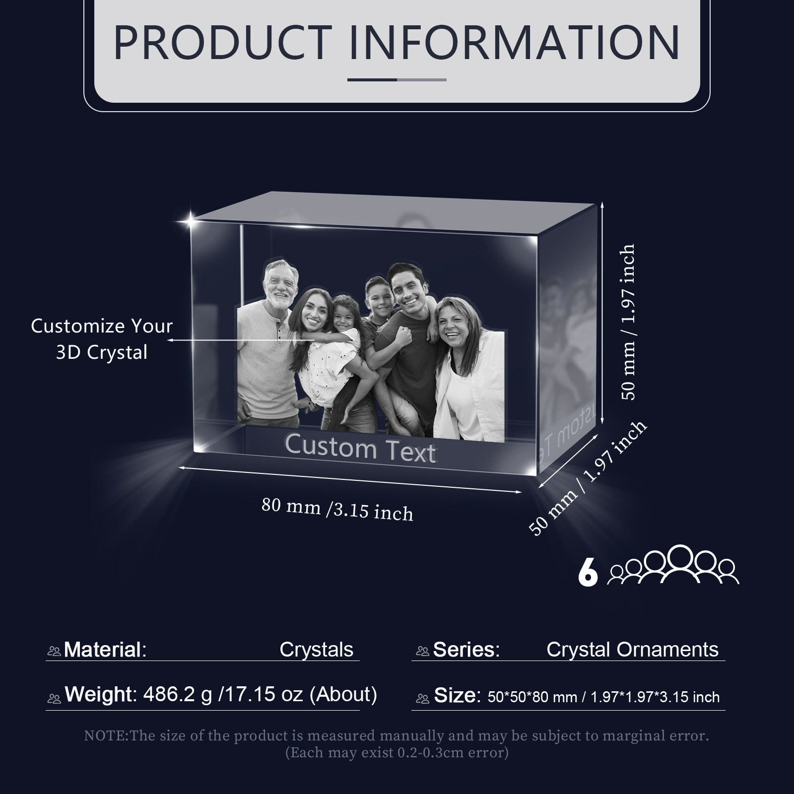 Personalisiertes Sechsfachporträt & Text 3D-Foto-Acrylkristall Ornament im querformatigen geraden Design – Perfektes Geschenk für Familie & Freunde