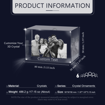 Personalisiertes Sechsfachporträt & Text 3D-Foto-Acrylkristall Ornament im querformatigen geraden Design – Perfektes Geschenk für Familie & Freunde