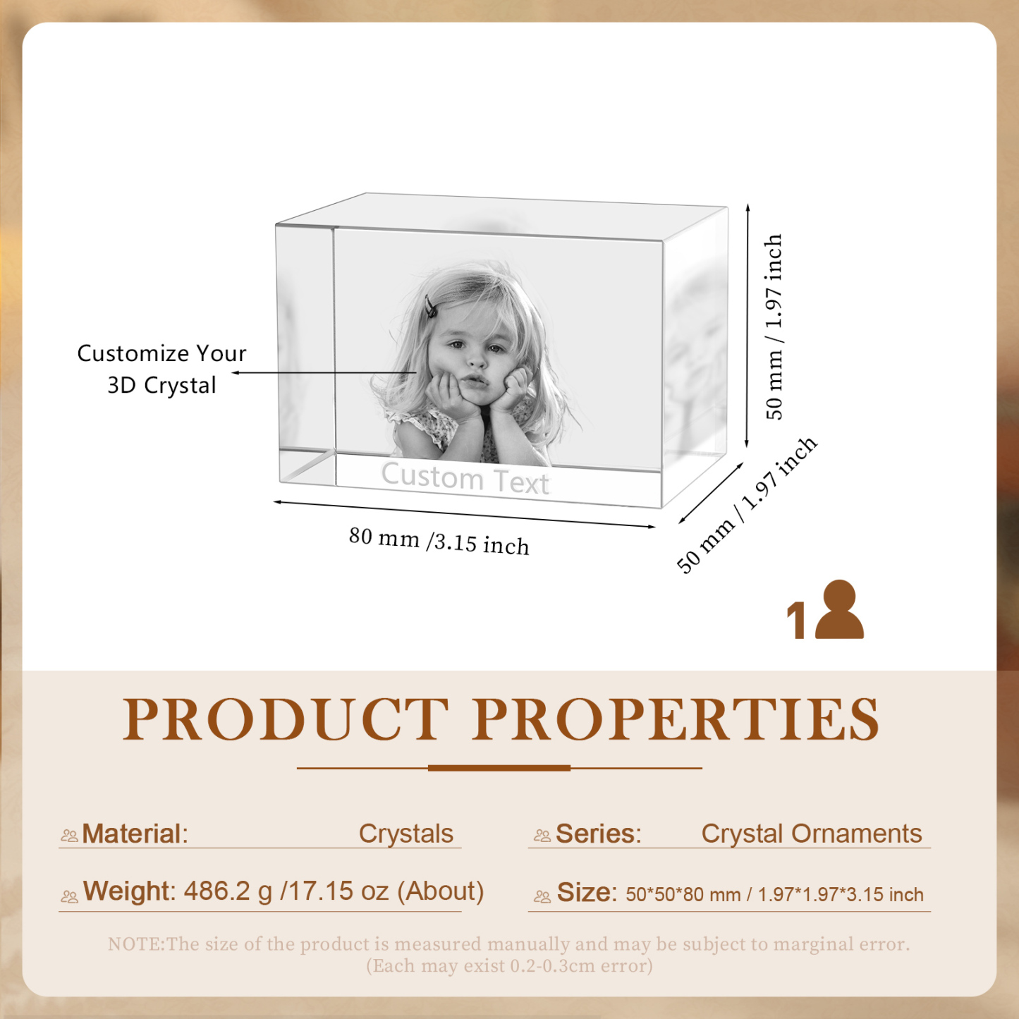Personalisiertes Einzelporträt & Text 3D-Foto-Acrylkristall Ornament im querformatigen geraden Design – Perfektes Geschenk für Familie & Freunde