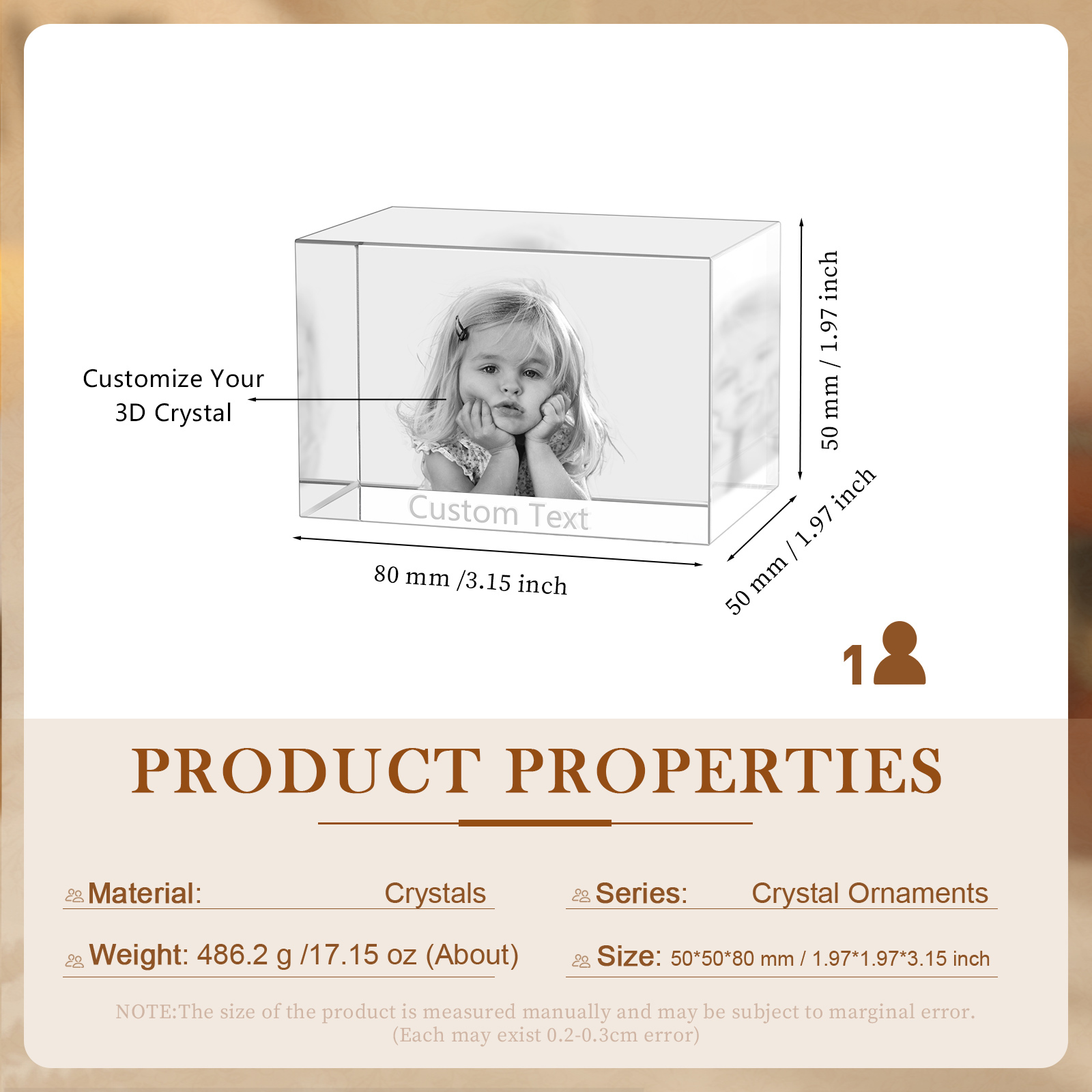 Personalisiertes Einzelporträt & Text 3D-Foto-Acrylkristall Ornament im querformatigen geraden Design – Perfektes Geschenk für Familie & Freunde