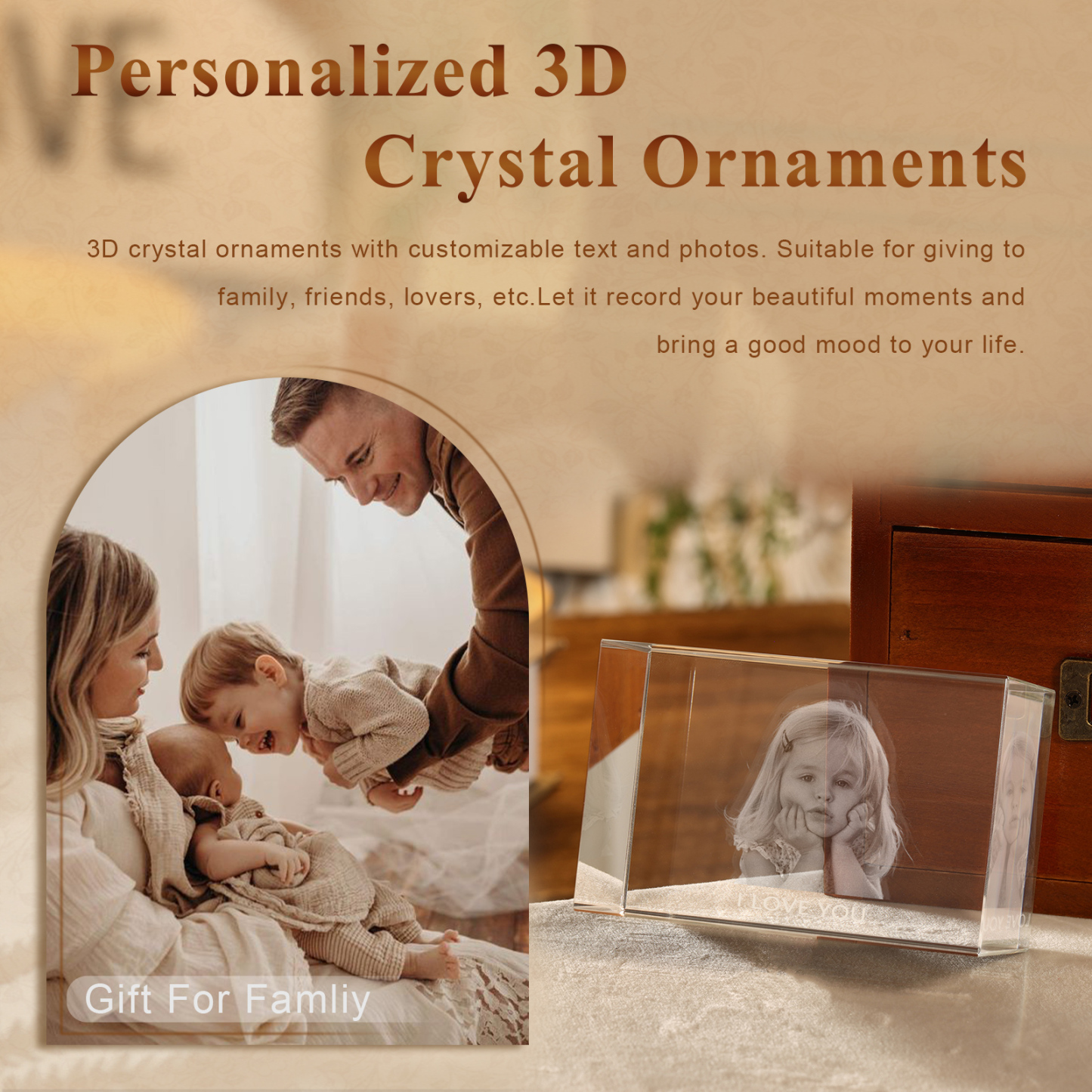 Personalisiertes Einzelporträt & Text 3D-Foto-Acrylkristall Ornament im querformatigen geraden Design – Perfektes Geschenk für Familie & Freunde