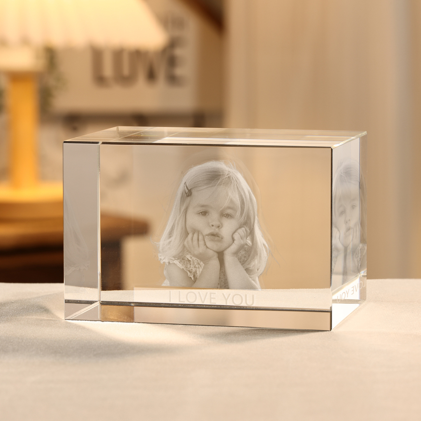 Personalisiertes Einzelporträt & Text 3D-Foto-Acrylkristall Ornament im querformatigen geraden Design – Perfektes Geschenk für Familie & Freunde