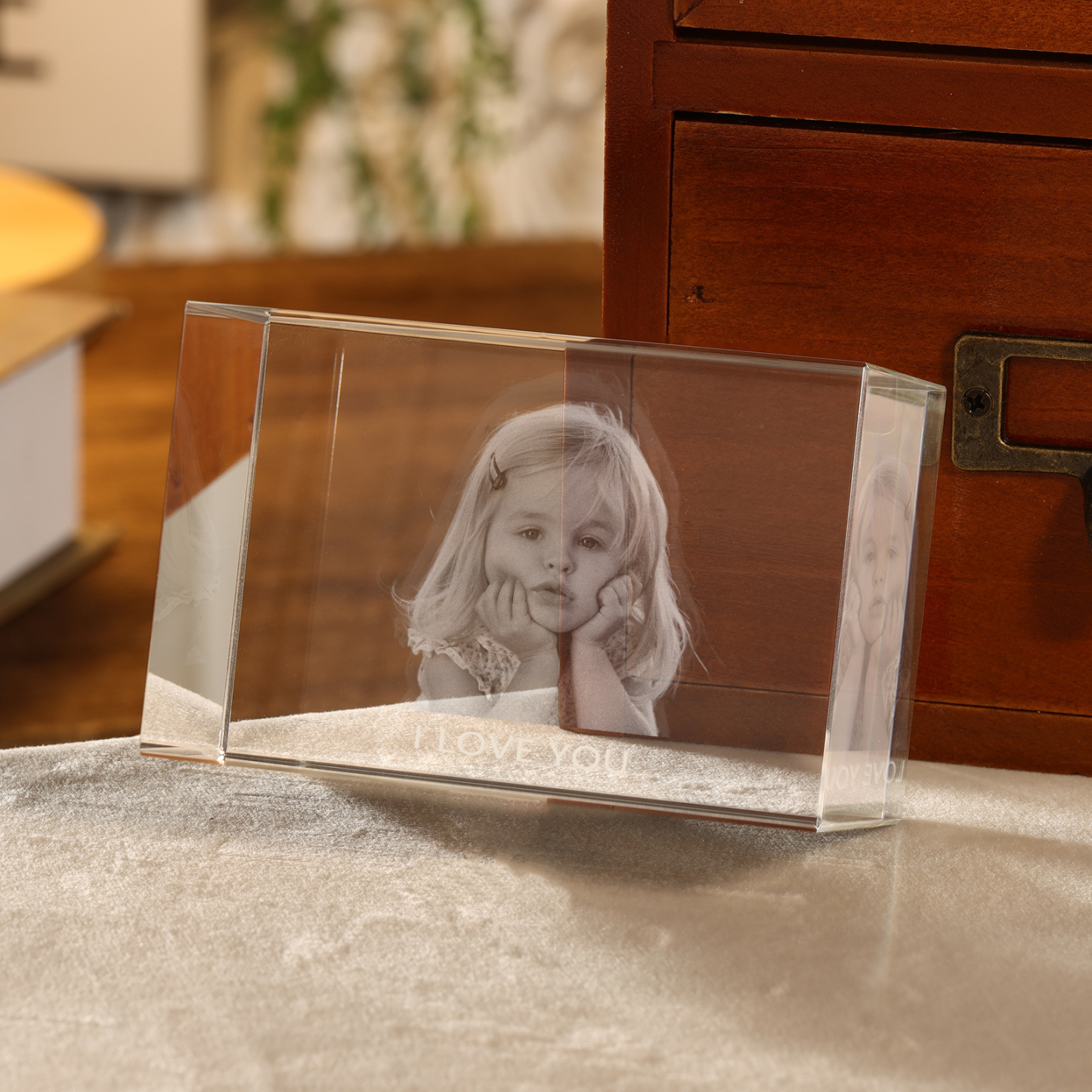 Personalisiertes Einzelporträt & Text 3D-Foto-Acrylkristall Ornament im querformatigen geraden Design – Perfektes Geschenk für Familie & Freunde