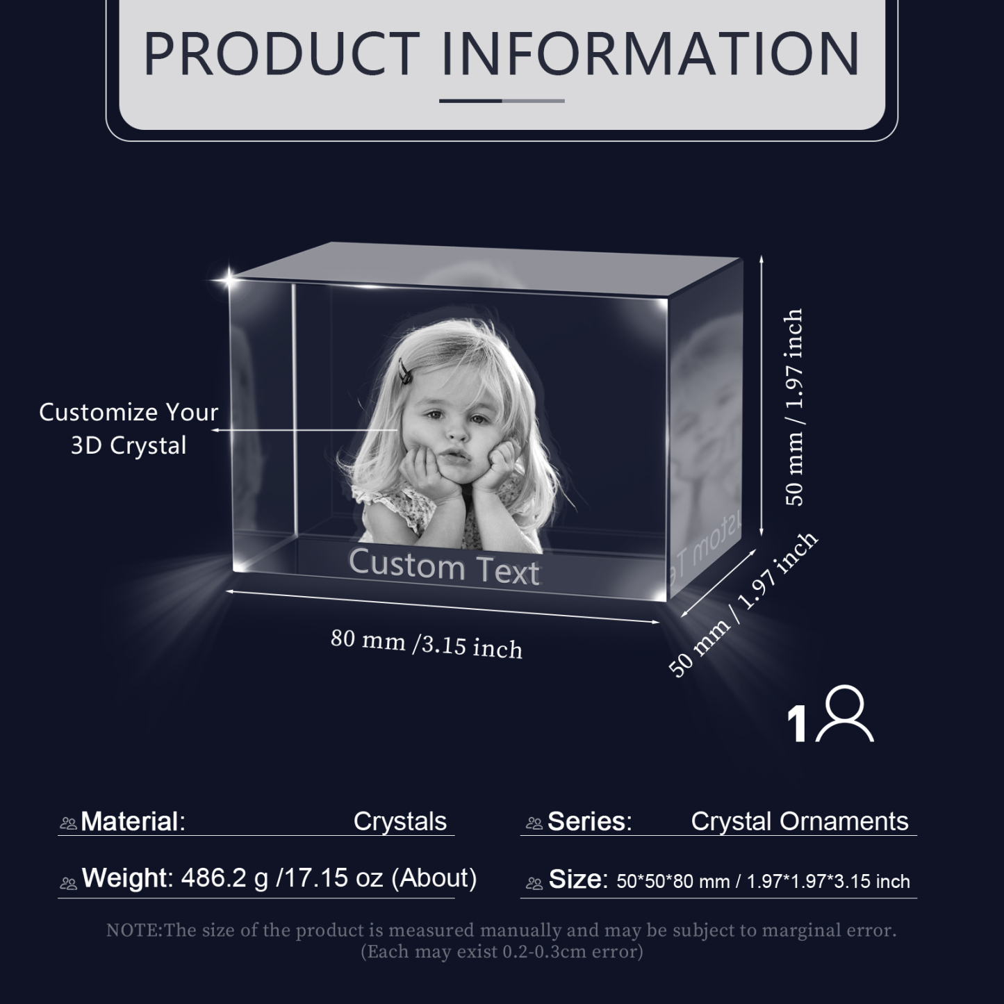 Personalisiertes Einzelporträt & Text 3D-Foto-Acrylkristall Ornament im querformatigen geraden Design – Perfektes Geschenk für Familie & Freunde