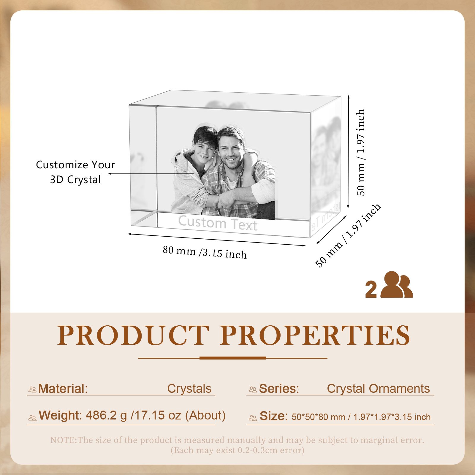 Personalisiertes Doppelporträt & Text 3D-Foto-Acrylkristall Ornament im querformatigen geraden Design – Perfektes Geschenk für Familie & Freunde