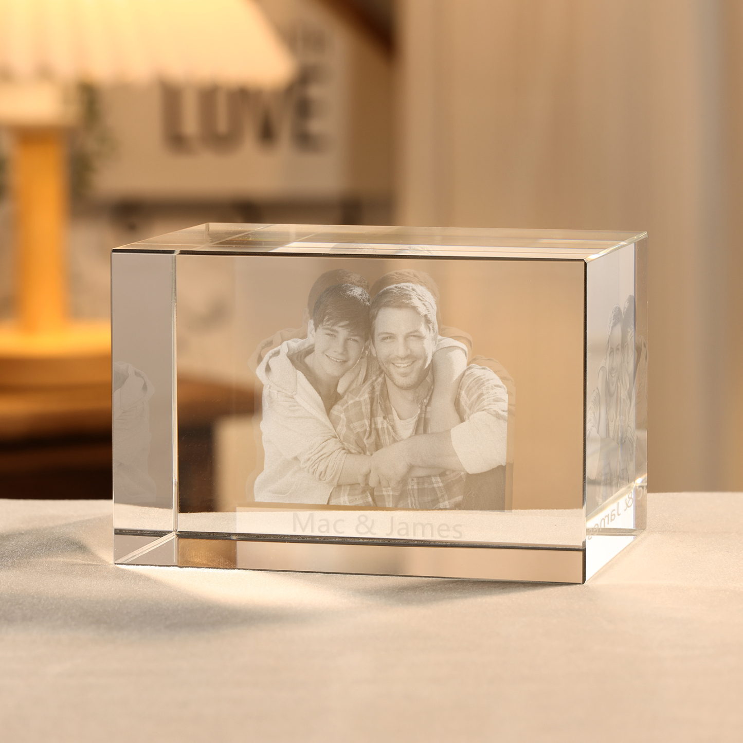 Personalisiertes Doppelporträt & Text 3D-Foto-Acrylkristall Ornament im querformatigen geraden Design – Perfektes Geschenk für Familie & Freunde
