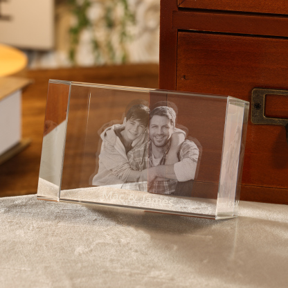 Personalisiertes Doppelporträt & Text 3D-Foto-Acrylkristall Ornament im querformatigen geraden Design – Perfektes Geschenk für Familie & Freunde