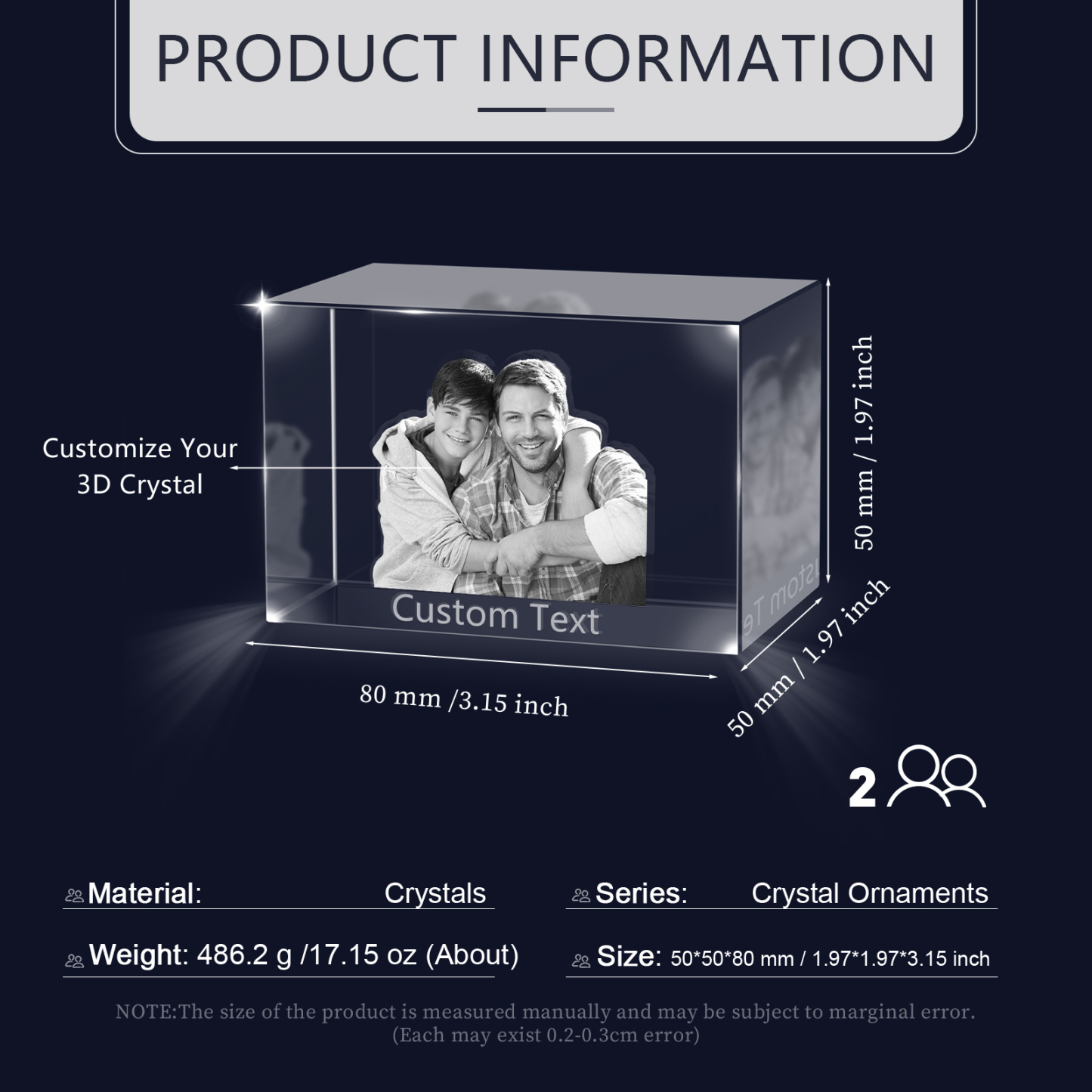 Personalisiertes Doppelporträt & Text 3D-Foto-Acrylkristall Ornament im querformatigen geraden Design – Perfektes Geschenk für Familie & Freunde