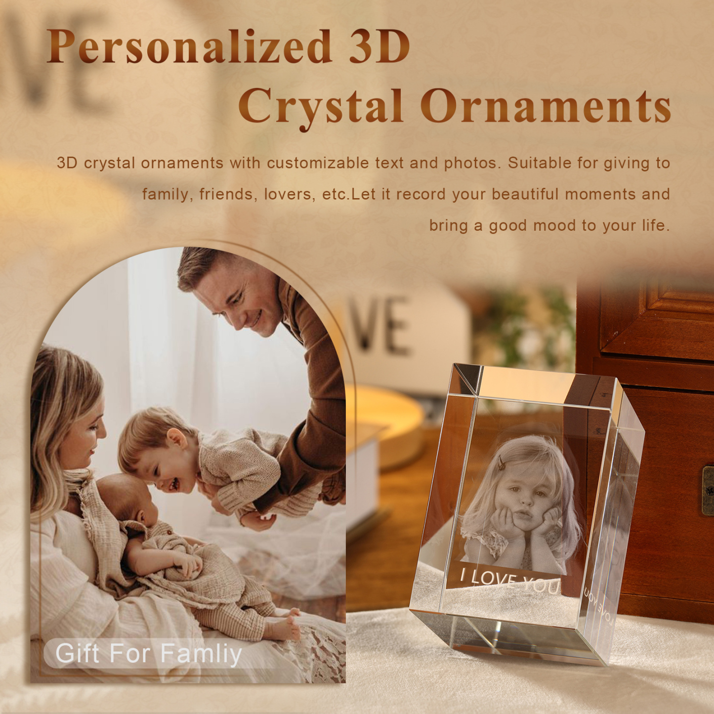 Personalisierter 3D-Foto-Acrylkristall Einzelporträt & Text – Perfektes Geschenk für Familie & Freunde