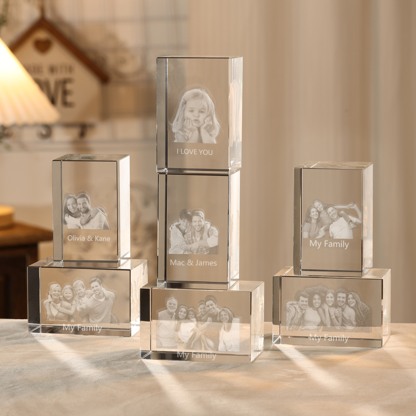 Personalisiertes Dreifachporträt & Text 3D-Foto-Acrylkristall Ornament im querformatigen geraden Design – Perfektes Geschenk für Familie & Freunde
