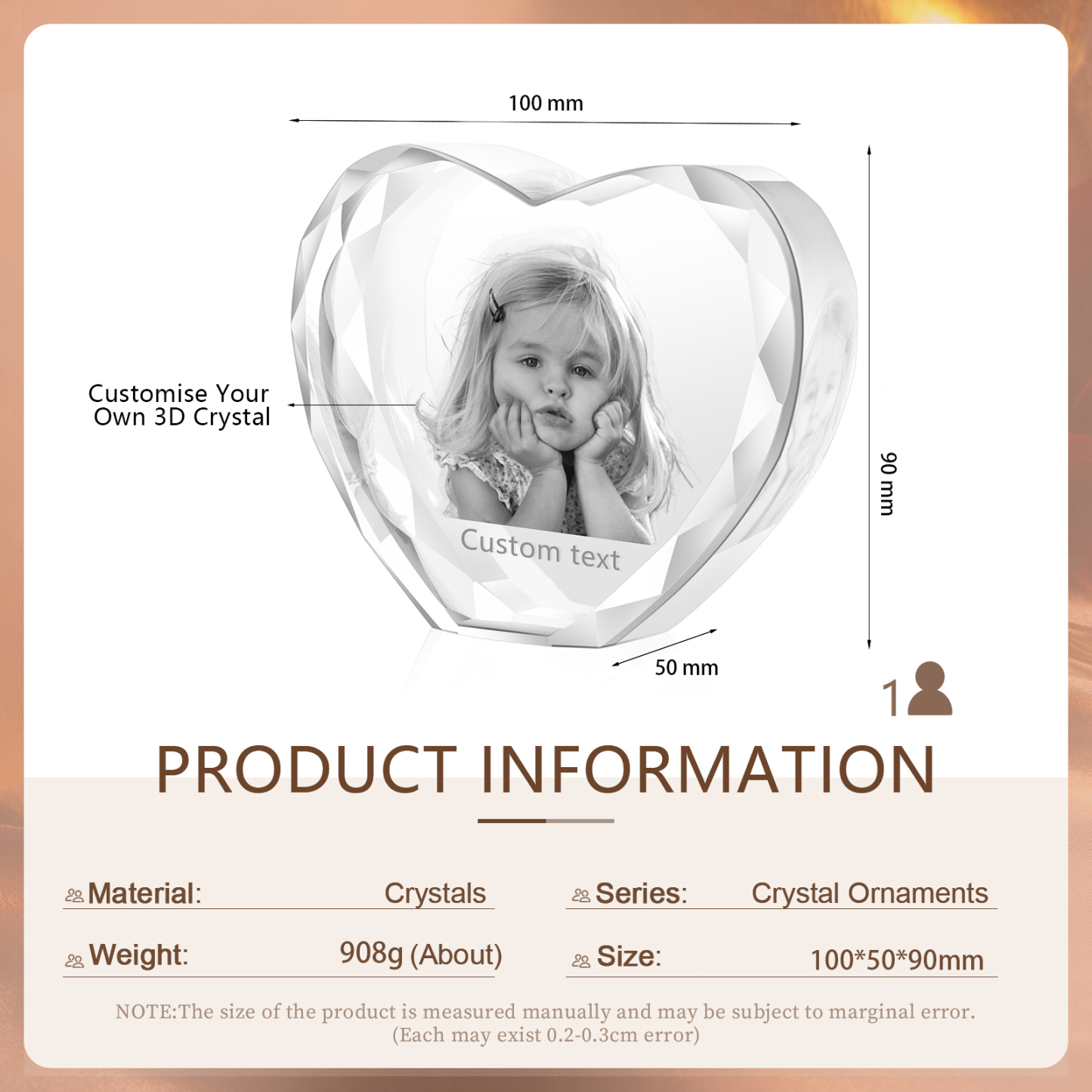 Personalisiertes Einzelporträt & Text 3D-Foto-Acrylkristall Herzform – Perfektes Geschenk für Familie & Freunde & Partner