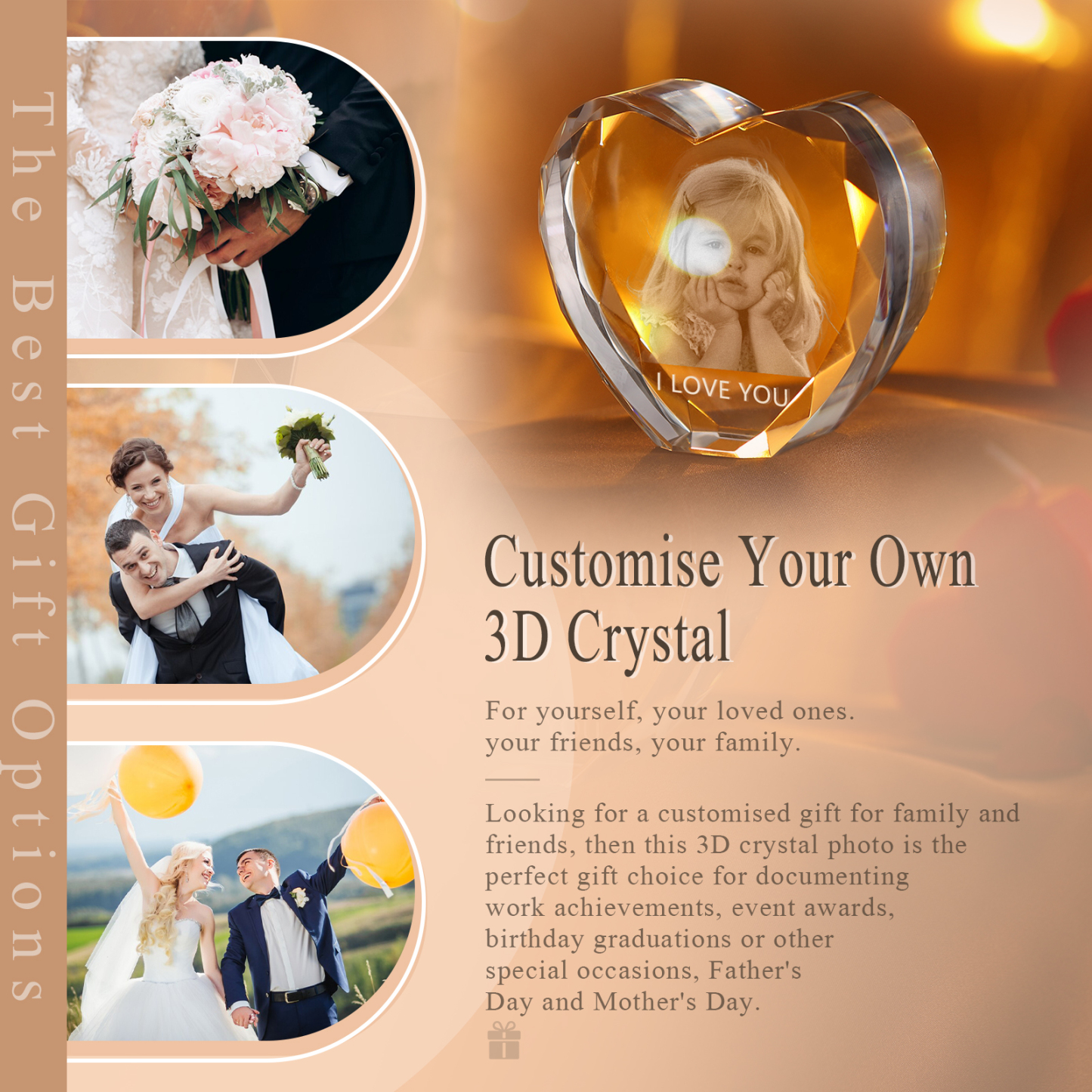 Personalisiertes Einzelporträt & Text 3D-Foto-Acrylkristall Herzform – Perfektes Geschenk für Familie & Freunde & Partner