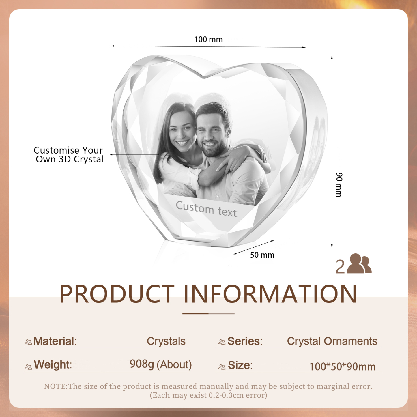 Personalisiertes Doppelporträt & Text 3D-Foto-Acrylkristall Herzform – Perfektes Geschenk für Familie & Freunde & Partner