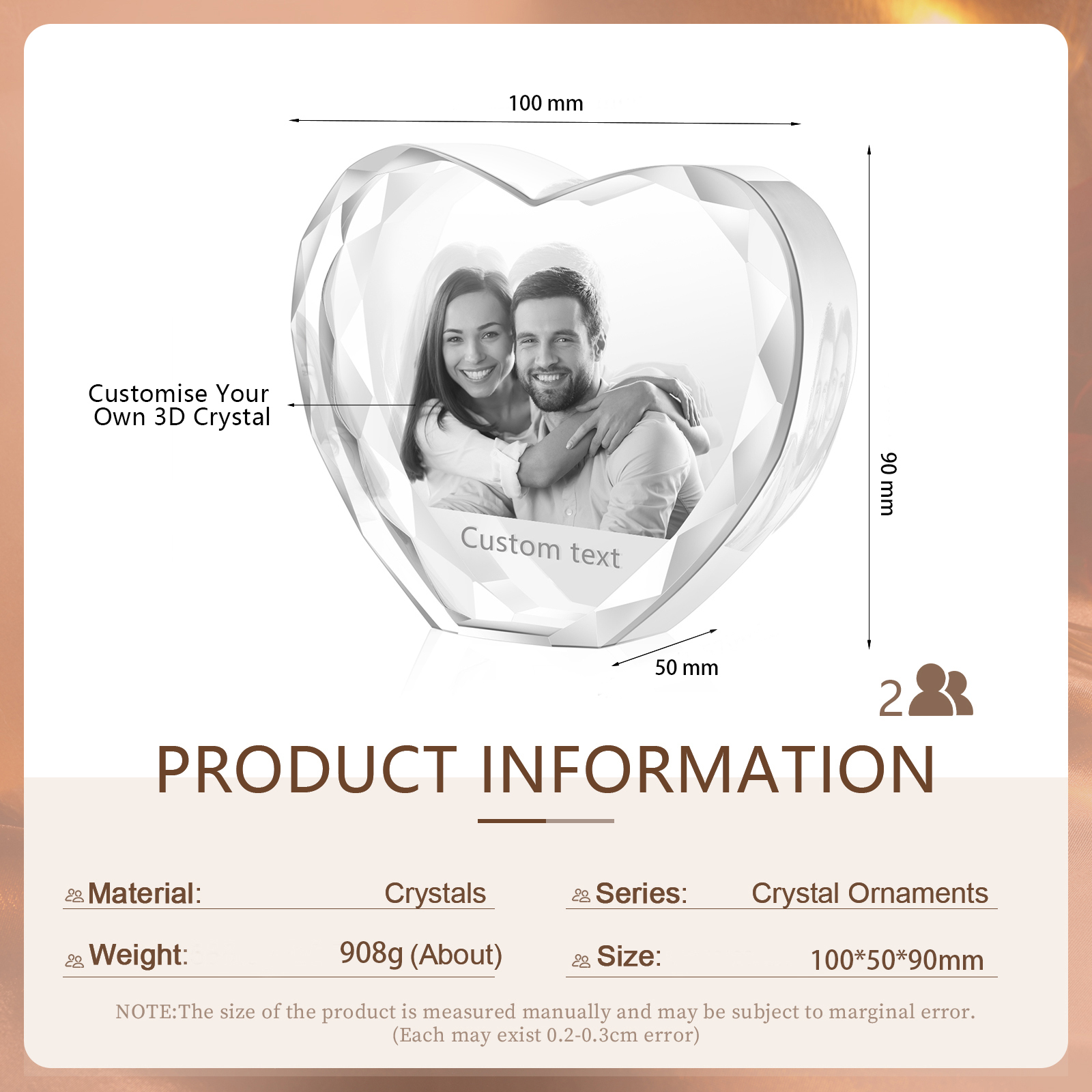 Personalisiertes Doppelporträt & Text 3D-Foto-Acrylkristall Herzform – Perfektes Geschenk für Familie & Freunde & Partner